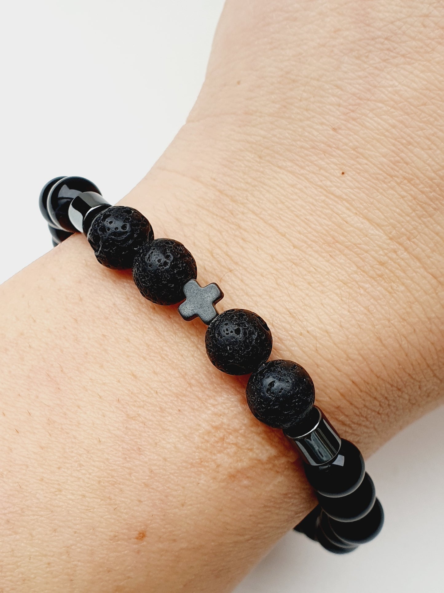 Obsidian And Lava Natural Stone Bracelet 8mm Beaded, Hematite Cross, Gift Box Jewellery