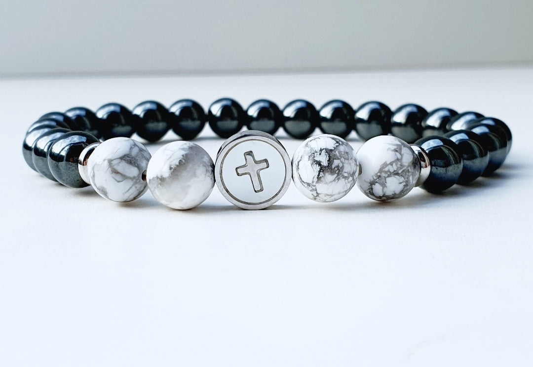 Howlite and Hematite natural stone bracelet 8mm beaded, charm cross, gift box jewellery