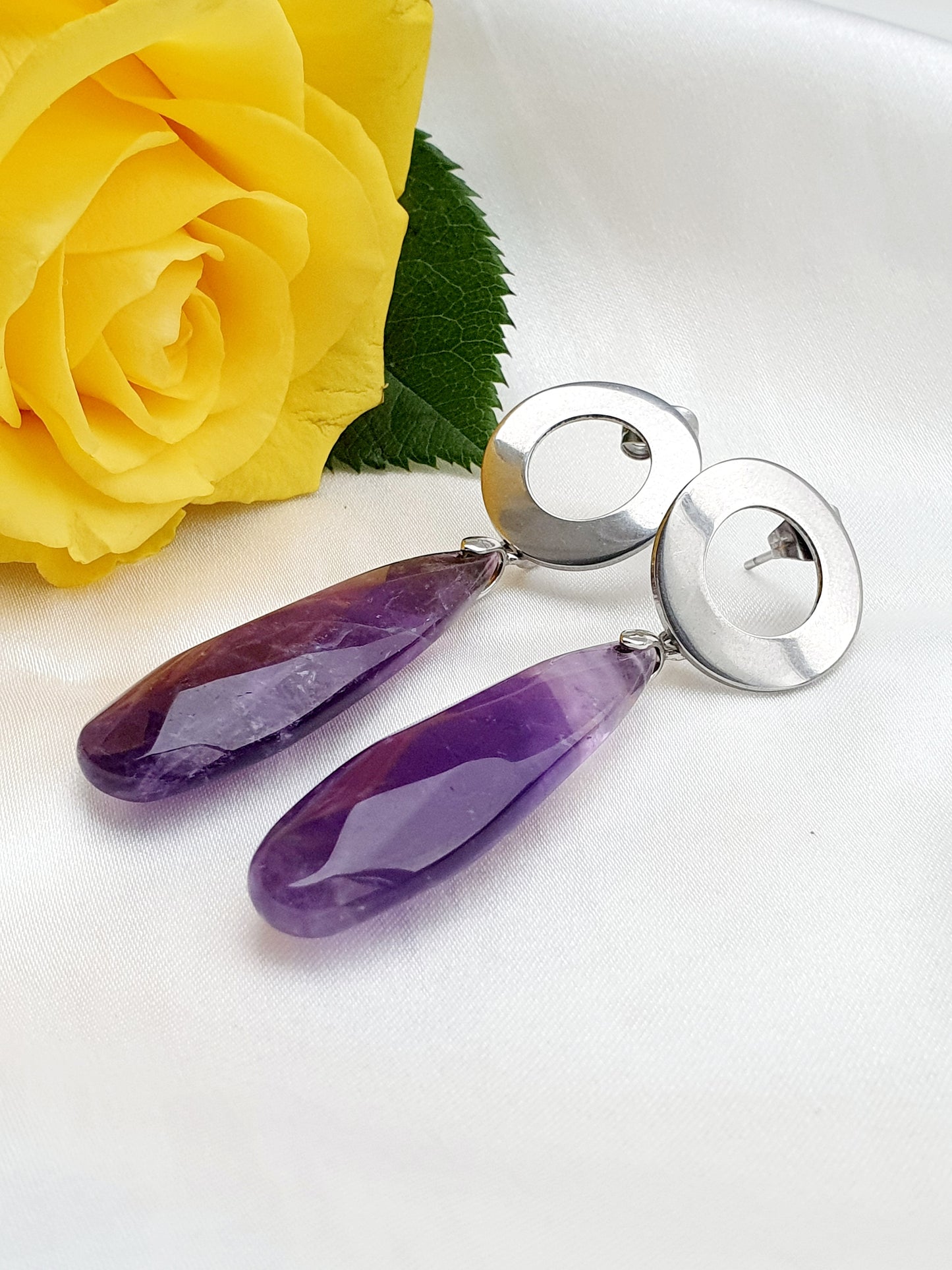 Amethyst natural stone jewellery set, bracelet and earrings, 8mm beaded, Silver plated, Handmade in Uk