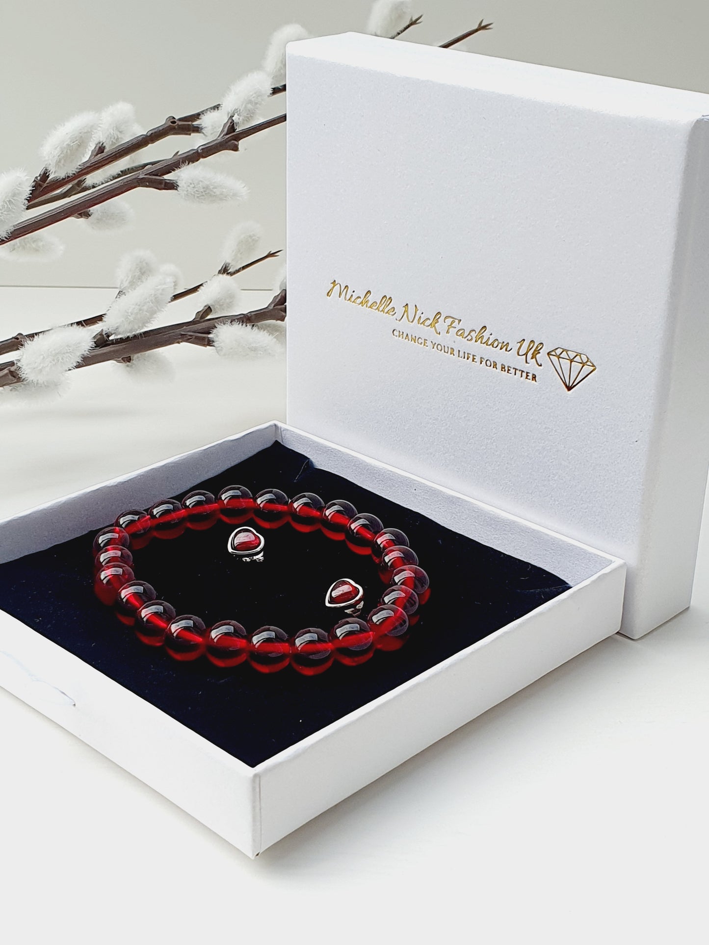 Garnet natural stone jewellery set, bracelet and earrings 925 silver, 8mm beaded