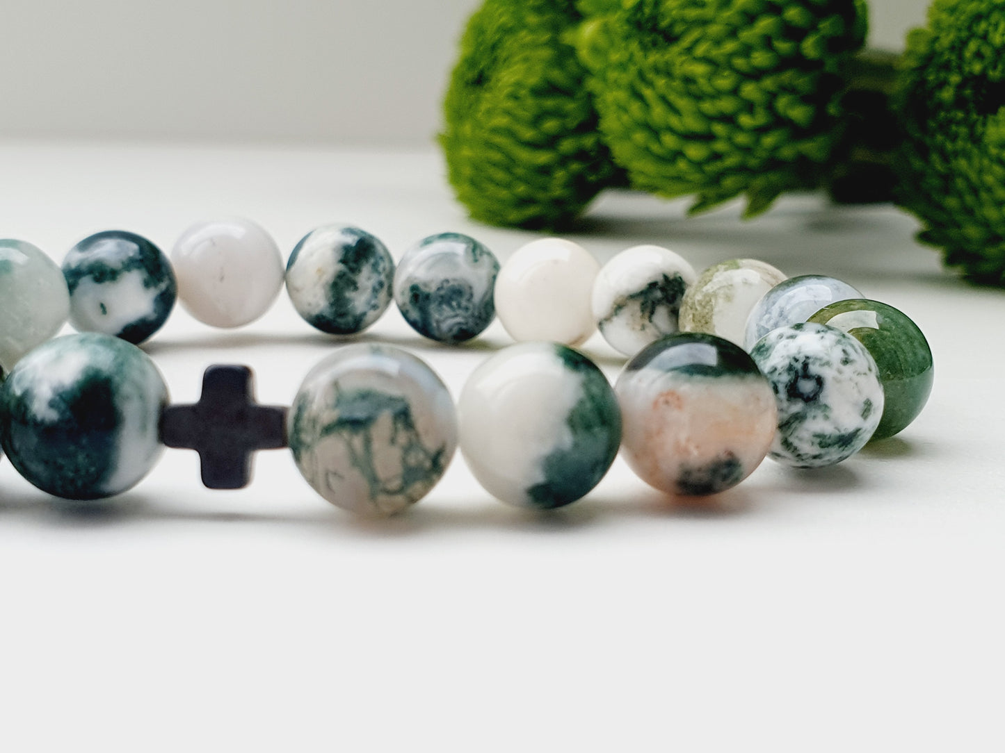Moss agate and Hematite natural gemstone bracelet 8mm bead