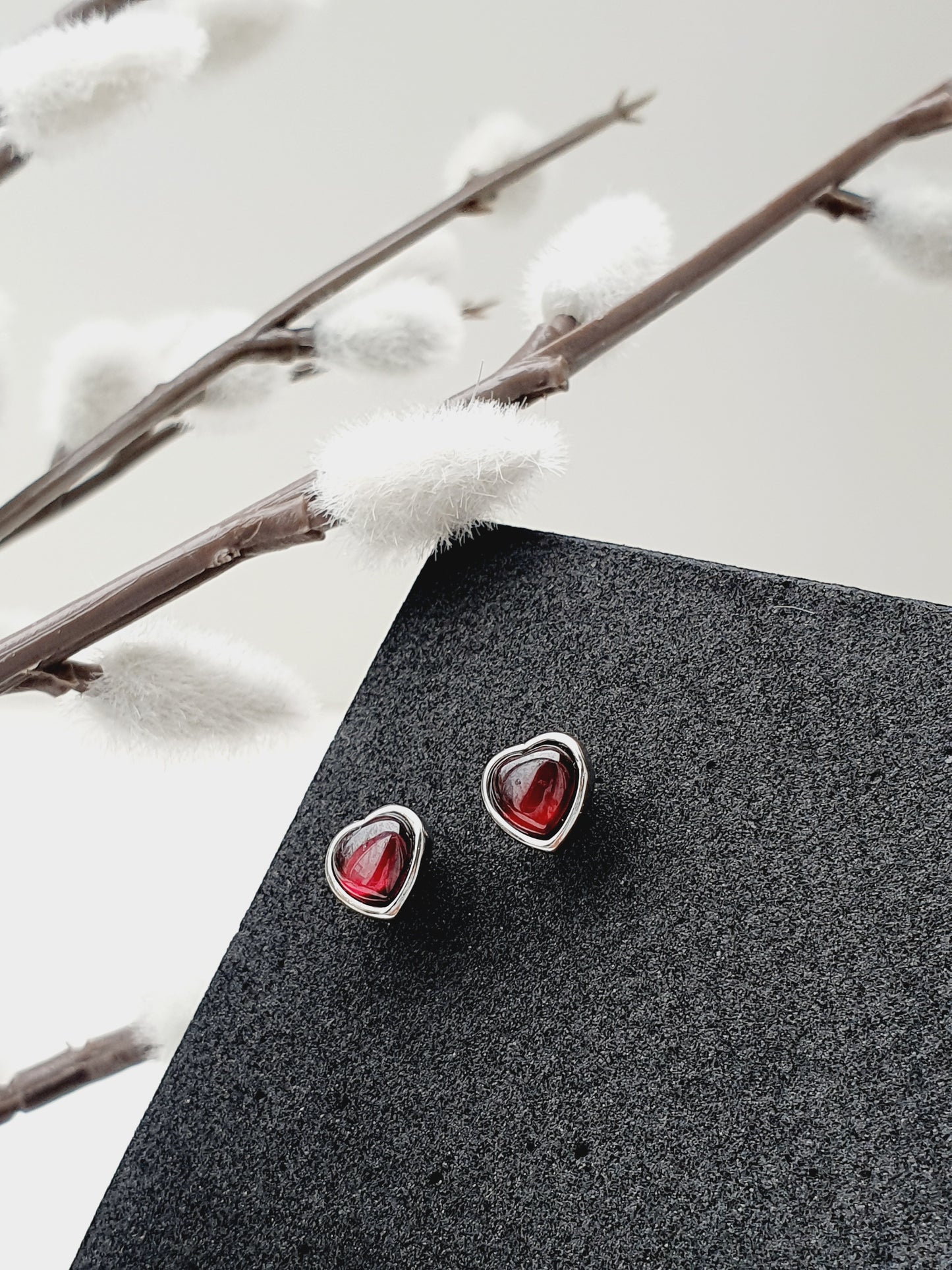 Garnet natural stone jewellery set, bracelet and earrings 925 silver, 8mm beaded