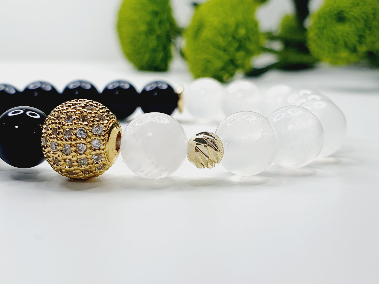 Selenite and Obsidian gemstone bracelet with gold plated zircon round 8mm bead