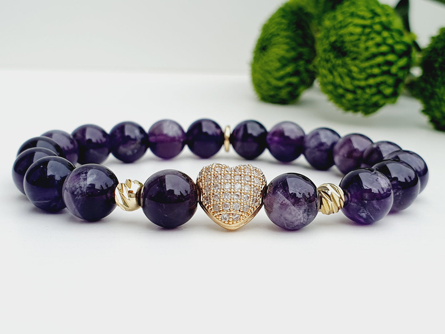 Amethyst bracelet with heart gold plated natural stone 8mm bead