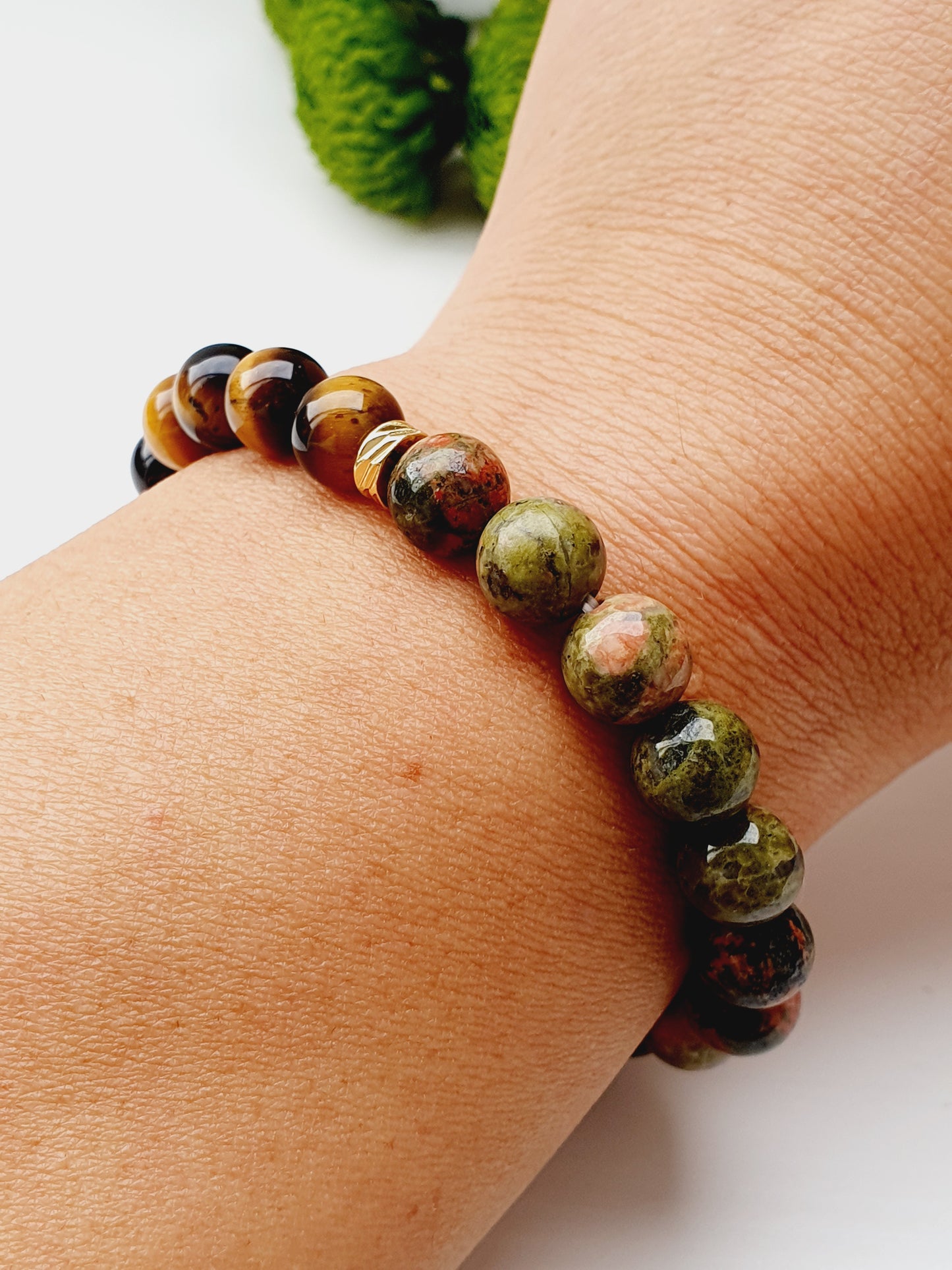 Unakite and Tiger eye natural stone bracelet 8mm bead