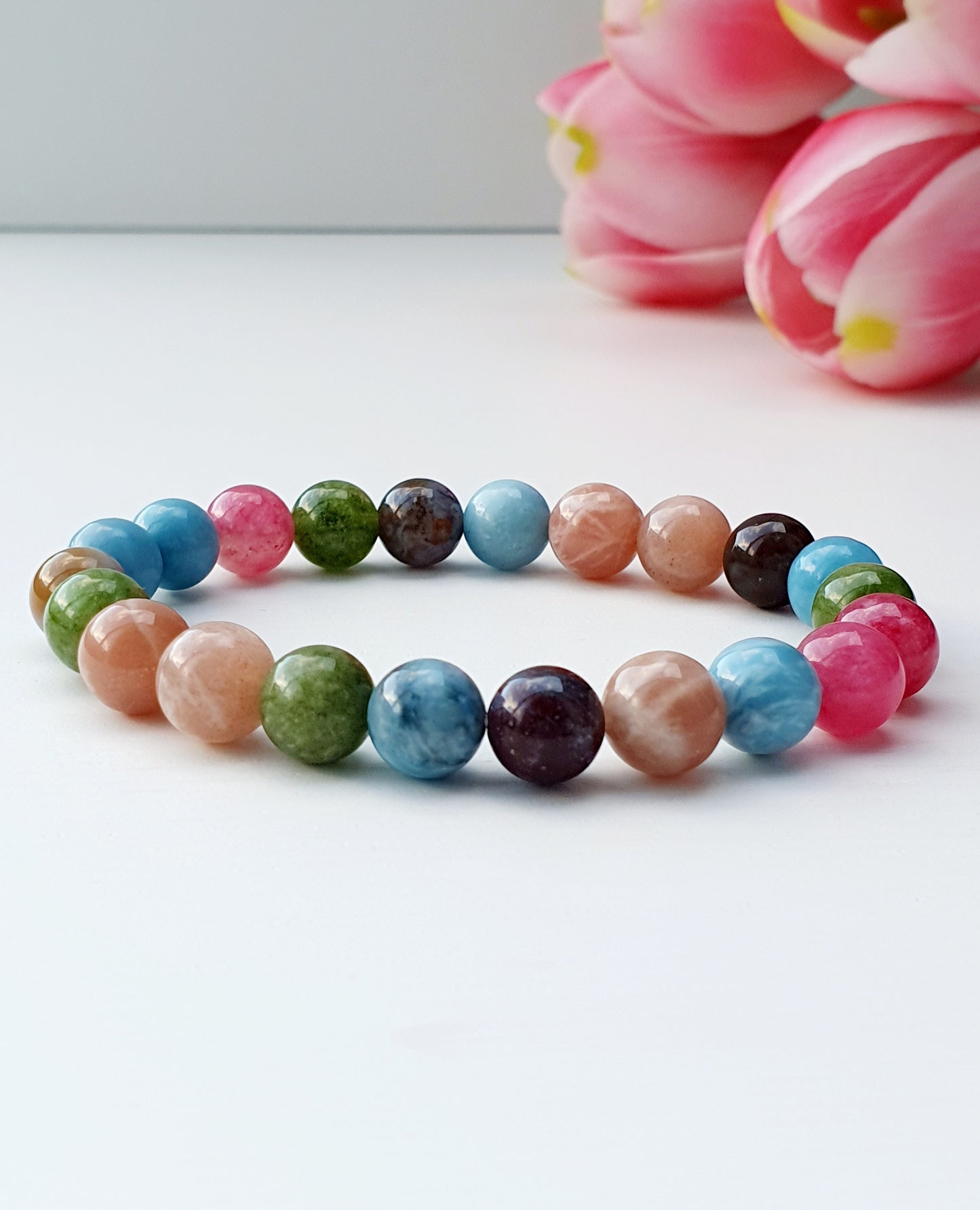 Bracelet From Natural Stone Larimar Tourmaline Sunstone Agate Emerald 8mm Beaded, Gift Box Jewellery