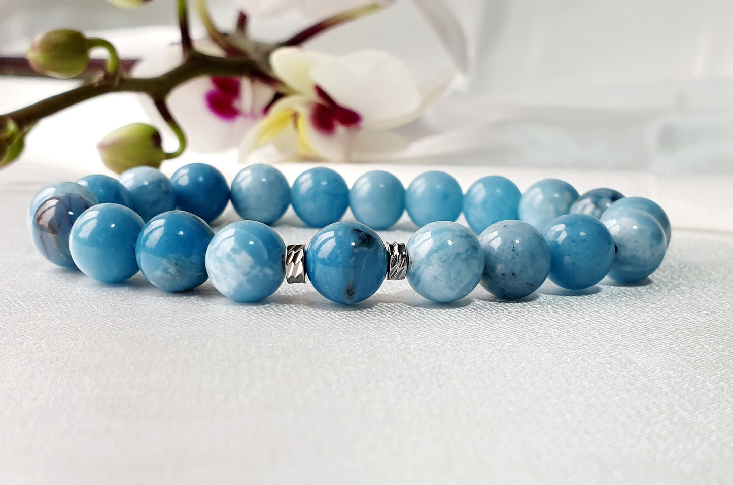 Larimar Bracelet Natural Stone 8mm Beaded, Gift Box Jewellery