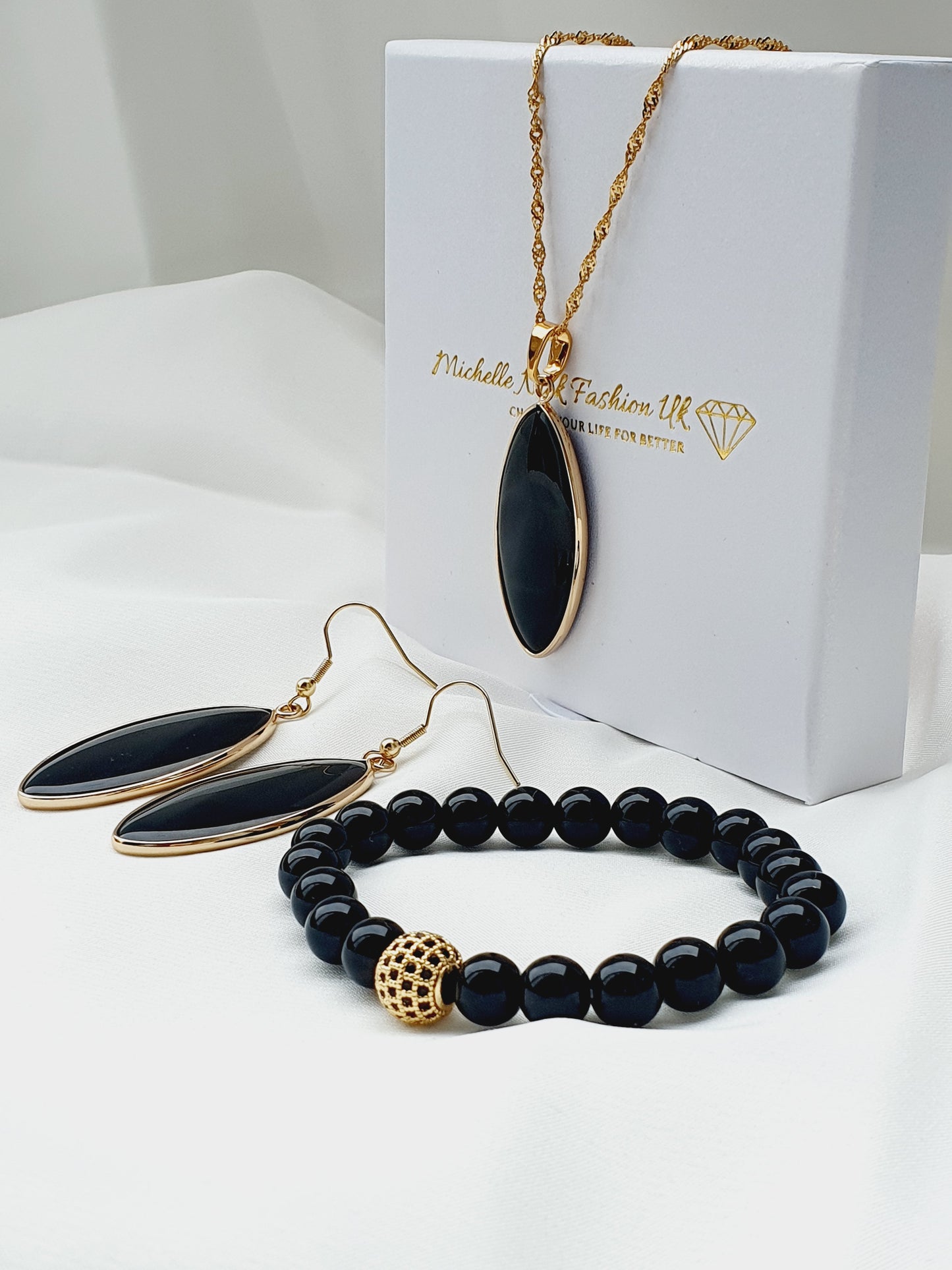 Obsidian natural stone jewellery set, bracelet earrings and necklace, 8mm beaded, 18k gold plated, Uk