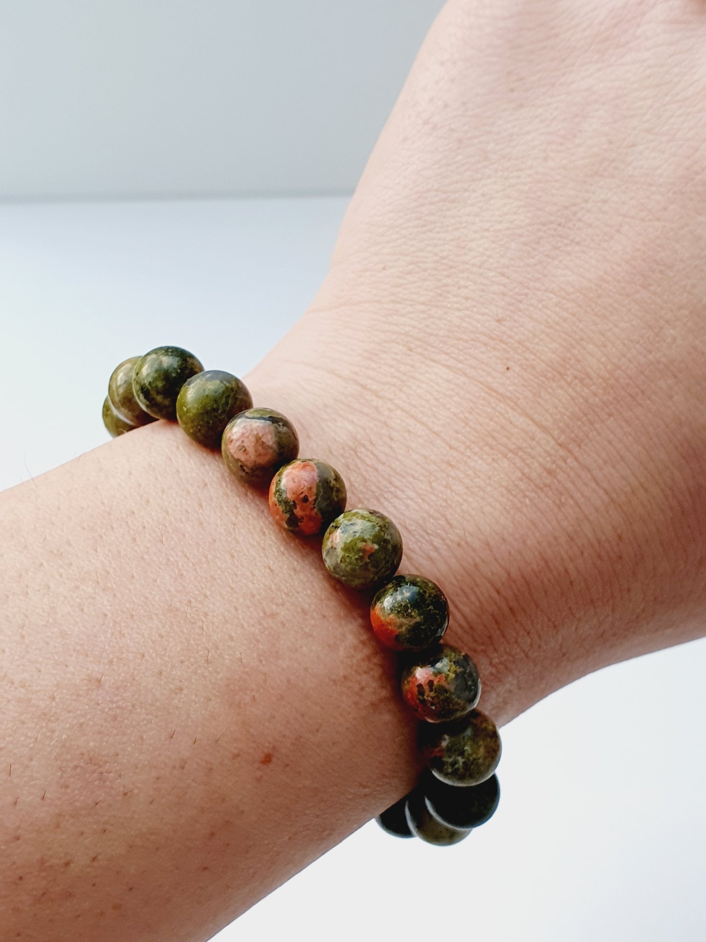 Unakite natural stone jewellery set, bracelet and earrings, 8mm beaded, Silver plated, Handmade in Uk