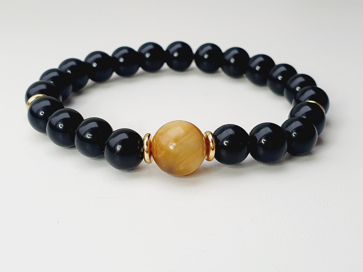 Black Onyx and Tiger eye bracelet from natural stone, gift box jewellery, gemstone, handmade in Uk