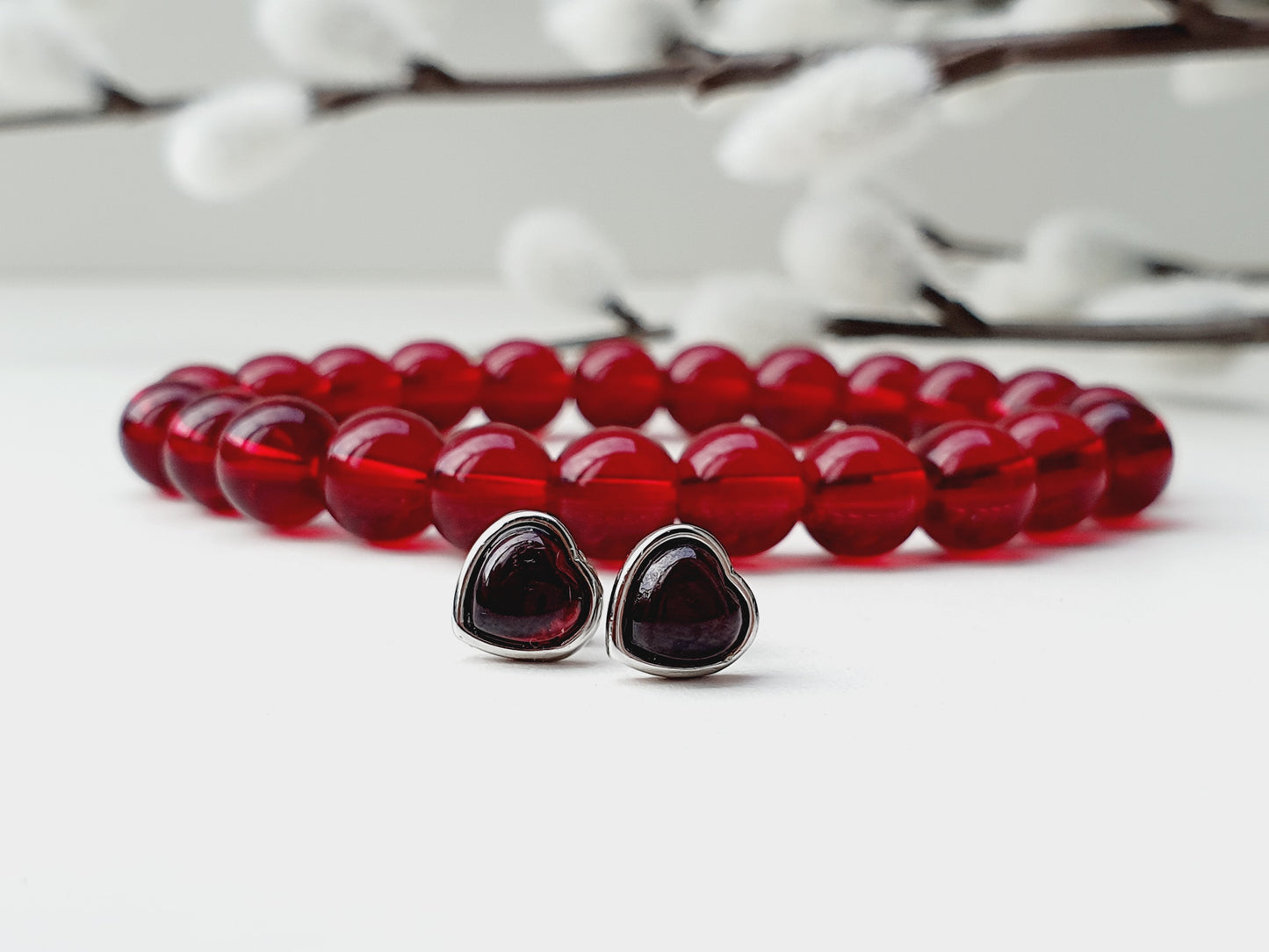 Garnet natural stone jewellery set, bracelet and earrings 925 silver, 8mm beaded