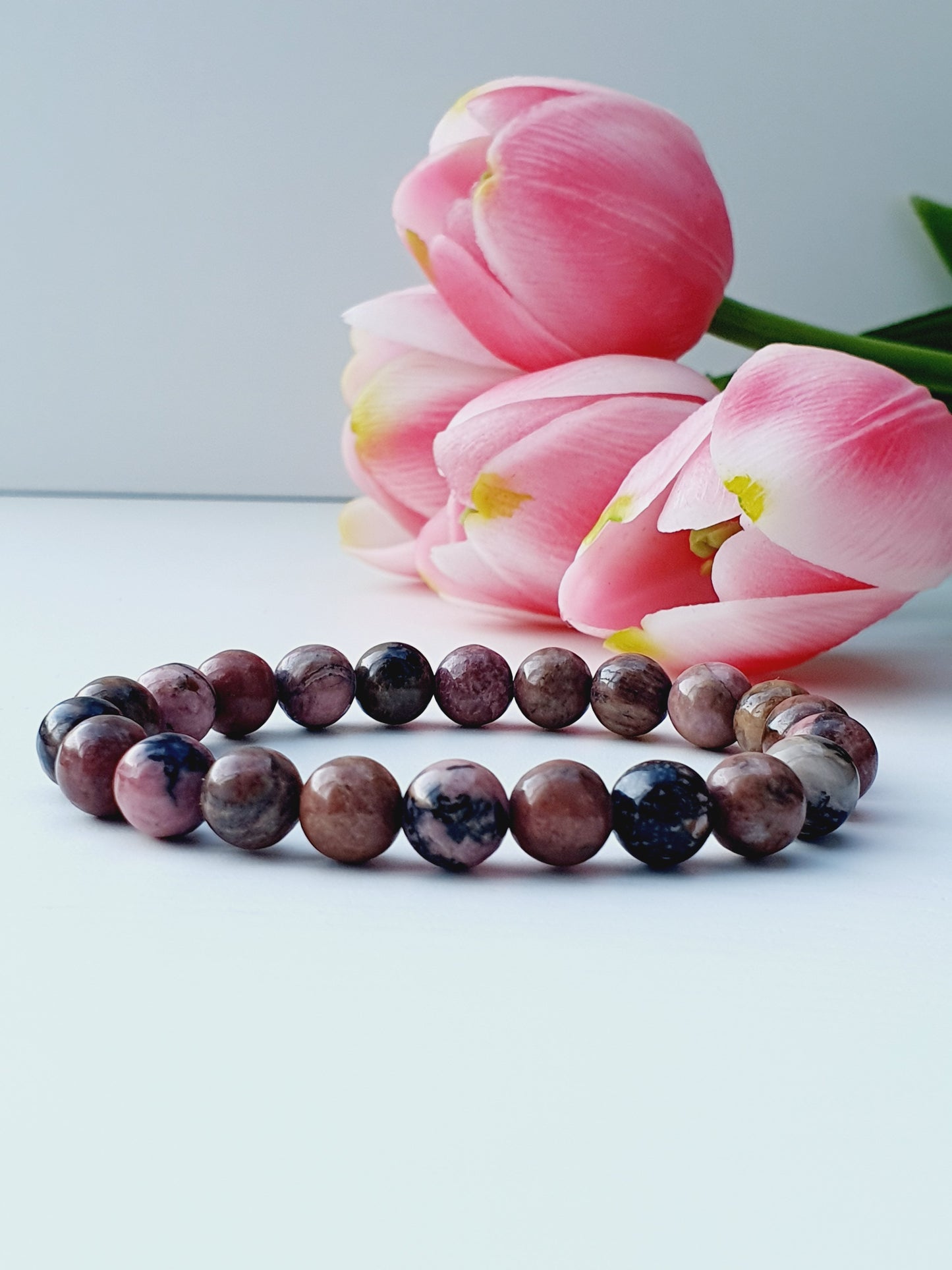 Rhodonite bracelet from natural stone 8mm beaded, gift box jewellery