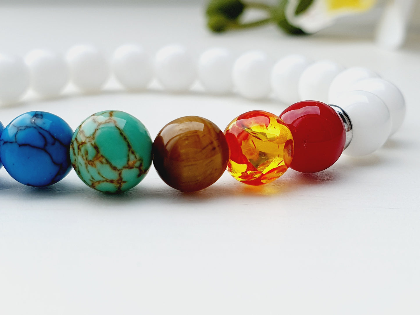 White Onyx 7 Chakra bracelet from natural stone 8mm beaded, gift box jewellery, gemstone, Uk