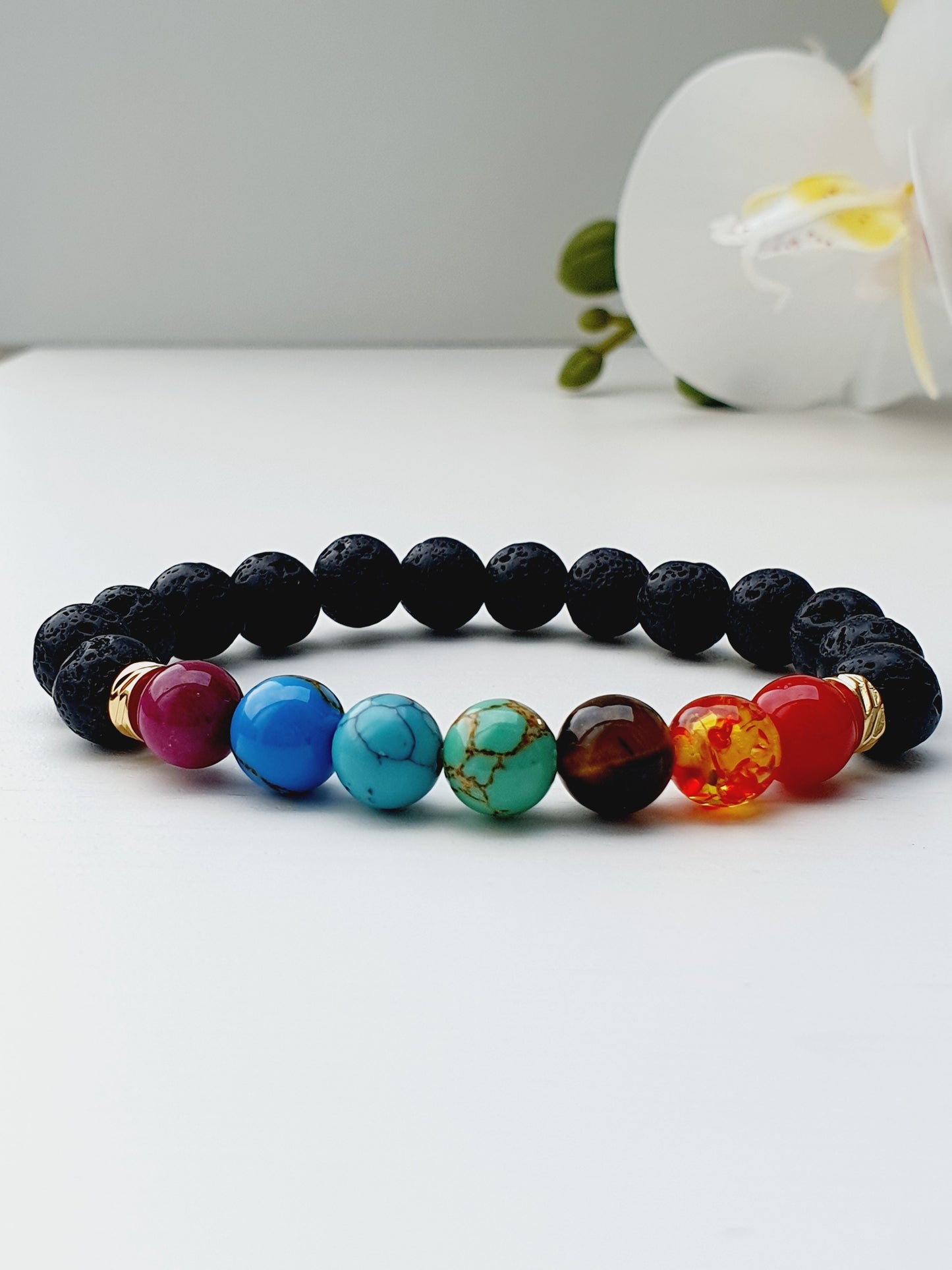 Lava 7 Chakra bracelet from natural stone 8mm beaded, gift box jewellery, gemstone, Uk