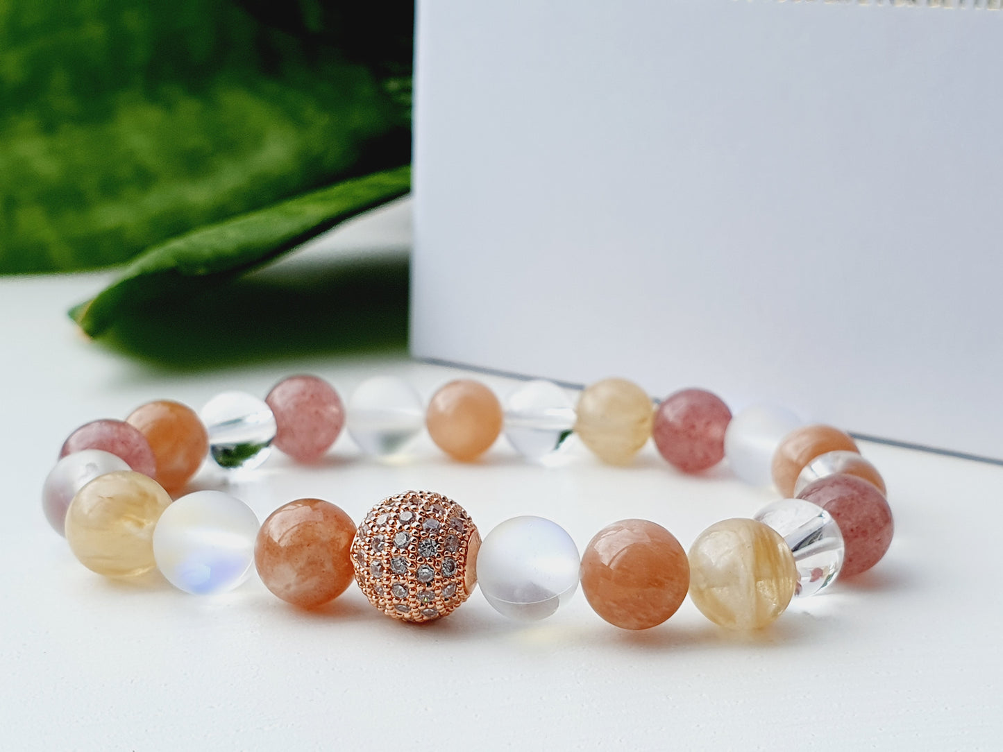 Cocktail bracelet from natural stone 8mm beaded Moonstone, Sunstone, Strawberry Quartz, Mountain Crystal, Citrine, gift box jewellery, UK