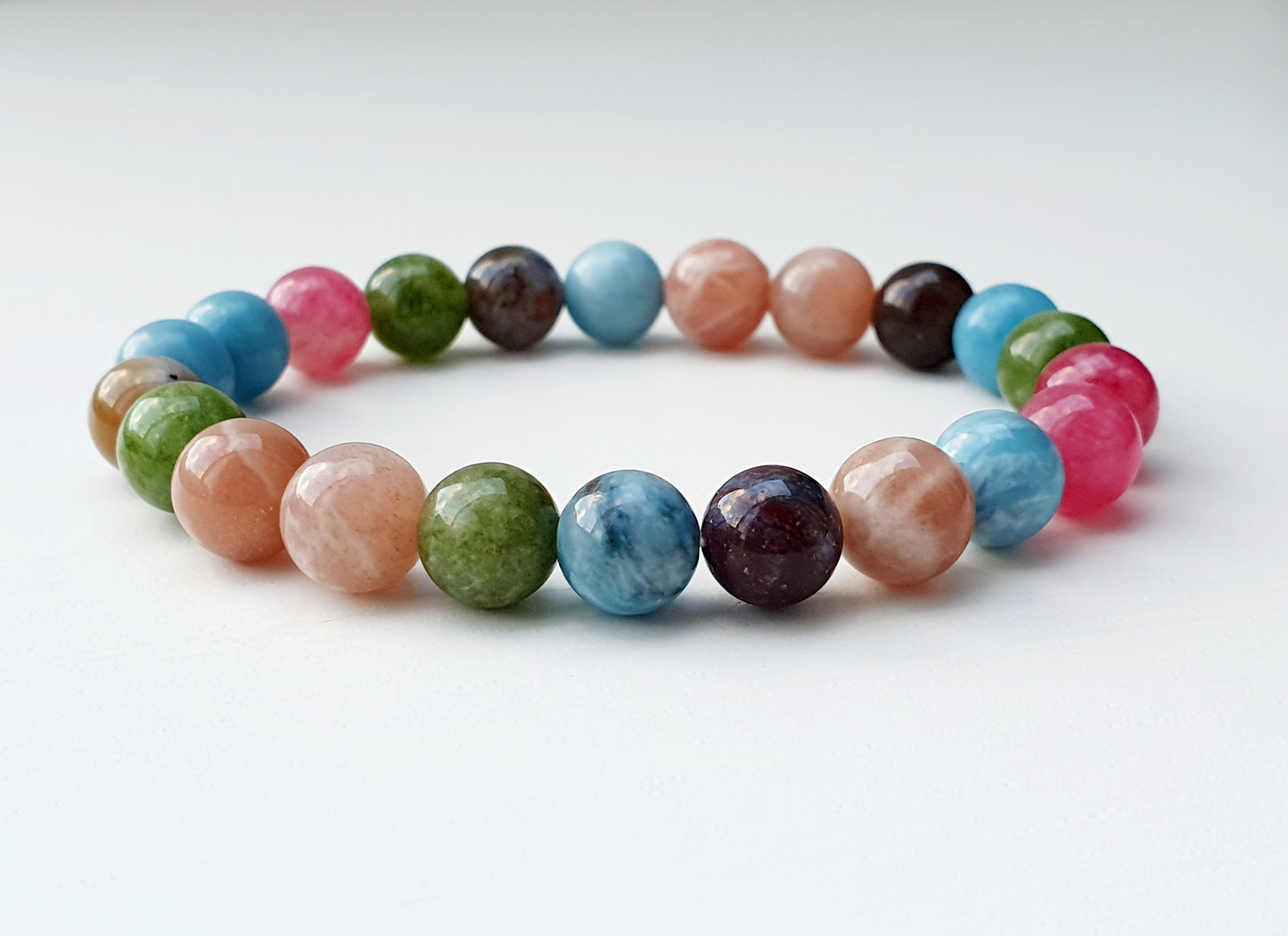 Bracelet From Natural Stone Larimar Tourmaline Sunstone Agate Emerald 8mm Beaded, Gift Box Jewellery