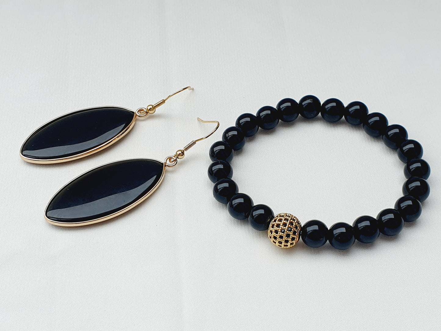 Obsidian natural stone jewellery set, bracelet earrings and necklace, 8mm beaded, 18k gold plated, Uk