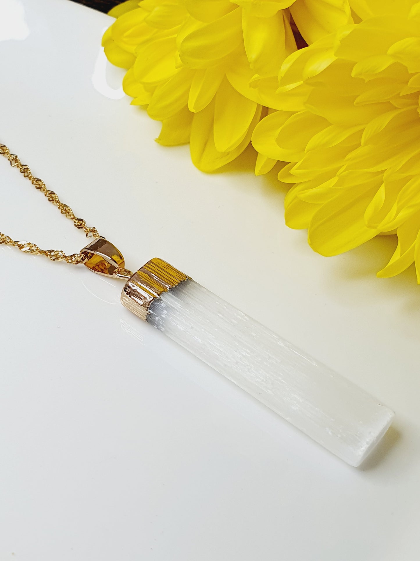 Necklace From Natural Stone Selenite Pendant, 18k Gold Plated, Gift Box Jewellery, Handmade In Uk