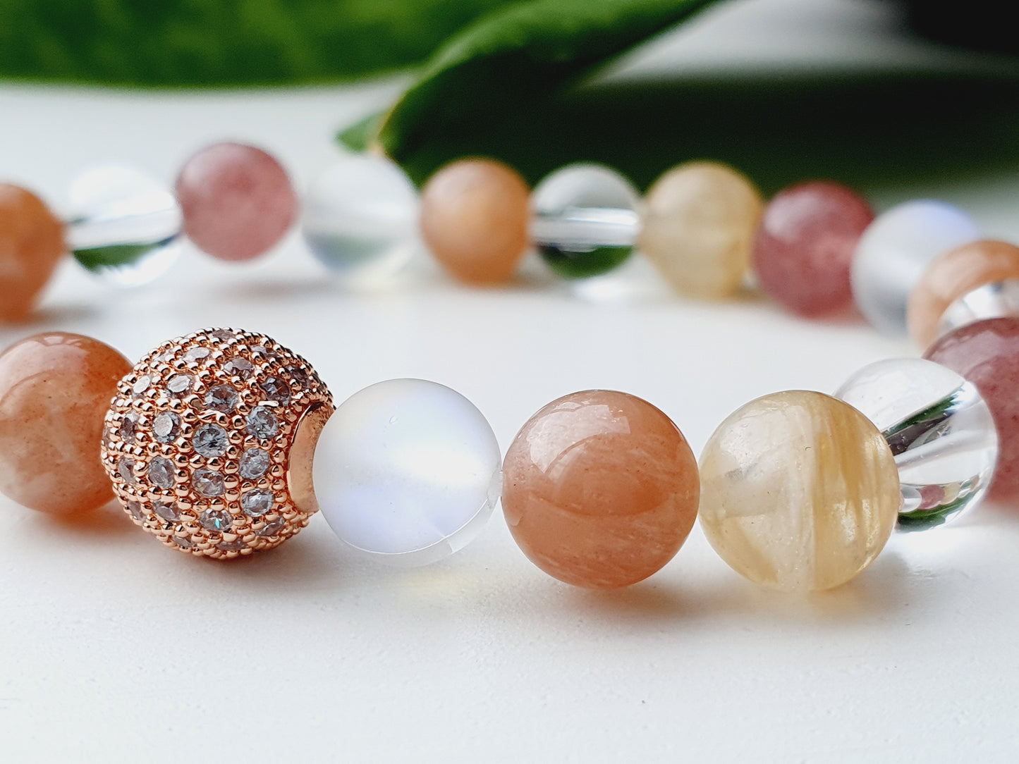 Cocktail bracelet from natural stone 8mm beaded Moonstone, Sunstone, Strawberry Quartz, Mountain Crystal, Citrine, gift box jewellery, UK