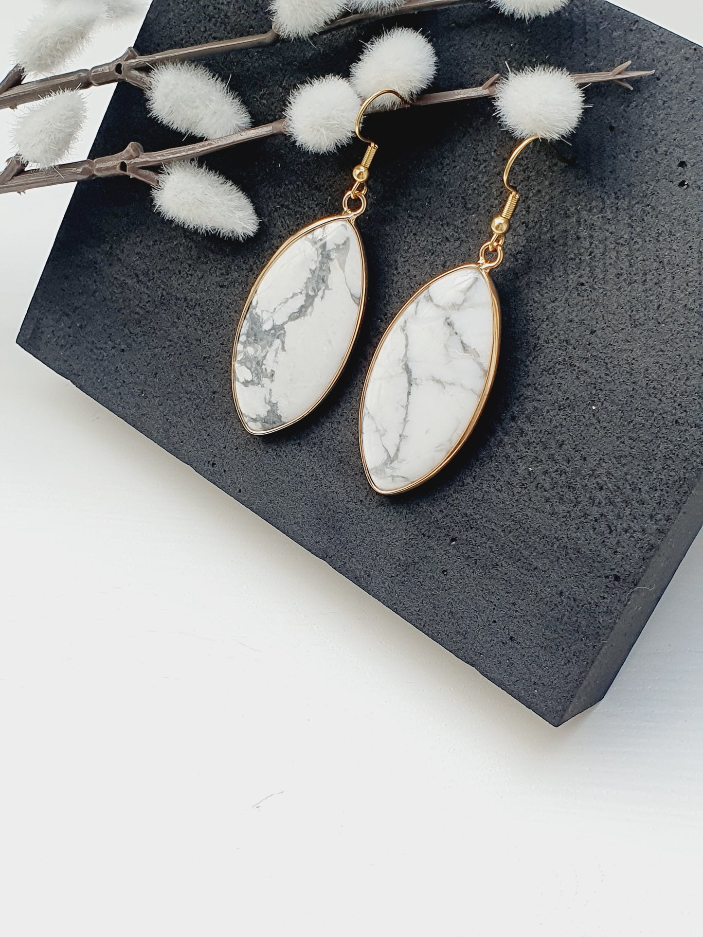 Earrings from natural stone Howlite, 18k gold plated, gift box jewellery, Handmade in Uk