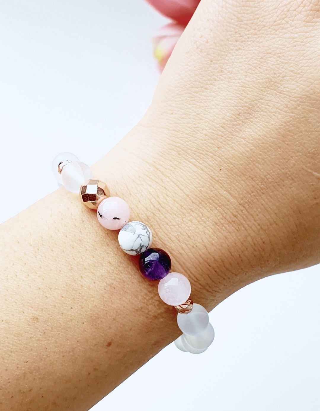 Moonstone, Rose Quartz, Howlite, Opal Amethyst, bracelet from natural stone 8mm beaded, rose gold spacer, gift box jewellery, UK