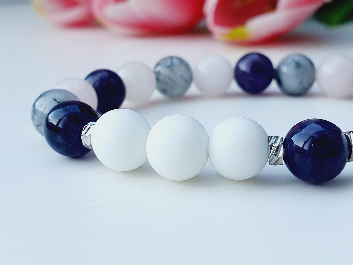 Bracelet from natural stone 8mm beaded Onyx matte, Amethyst, Rose Quartz, Tourmaline Quartz