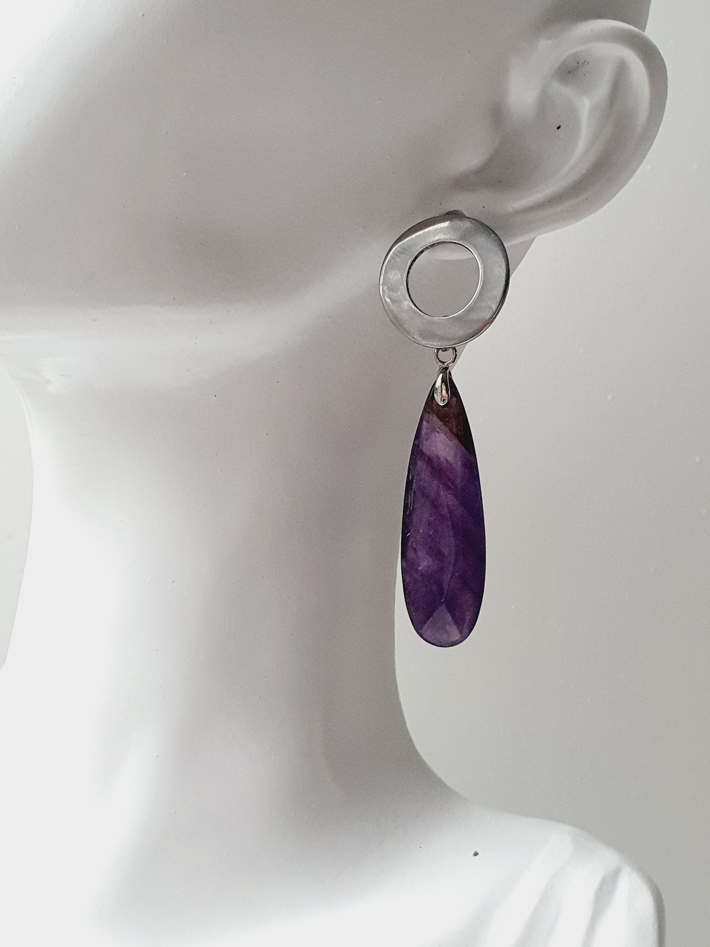 Amethyst natural stone jewellery set, bracelet and earrings, 8mm beaded, Silver plated, Handmade in Uk