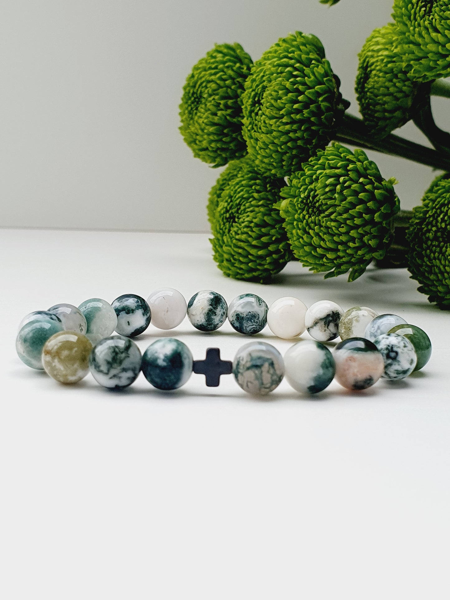 Moss agate and Hematite natural gemstone bracelet 8mm bead
