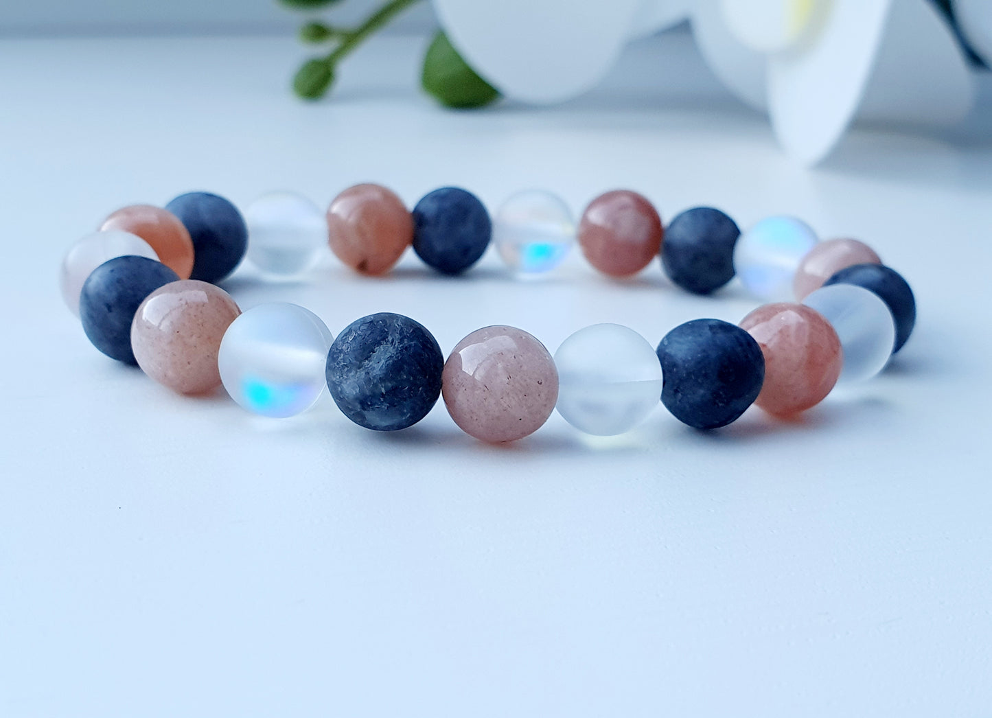 Bracelet From Natural Stone Labradorite Sunstone Moonstone 8mm Beaded, Gift Box Jewellery