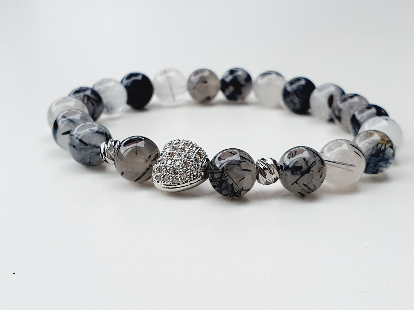 Tourmaline Quartz gemstone bracelet with silver plated zircon heart 8mm bead