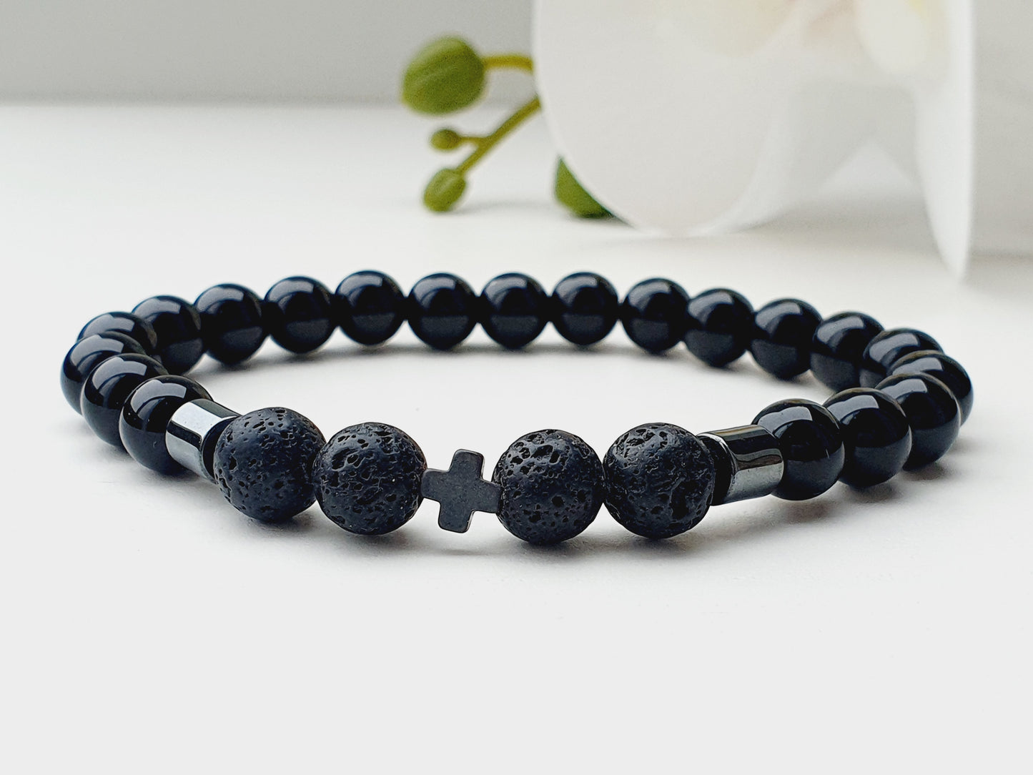 Obsidian And Lava Natural Stone Bracelet 8mm Beaded, Hematite Cross, Gift Box Jewellery