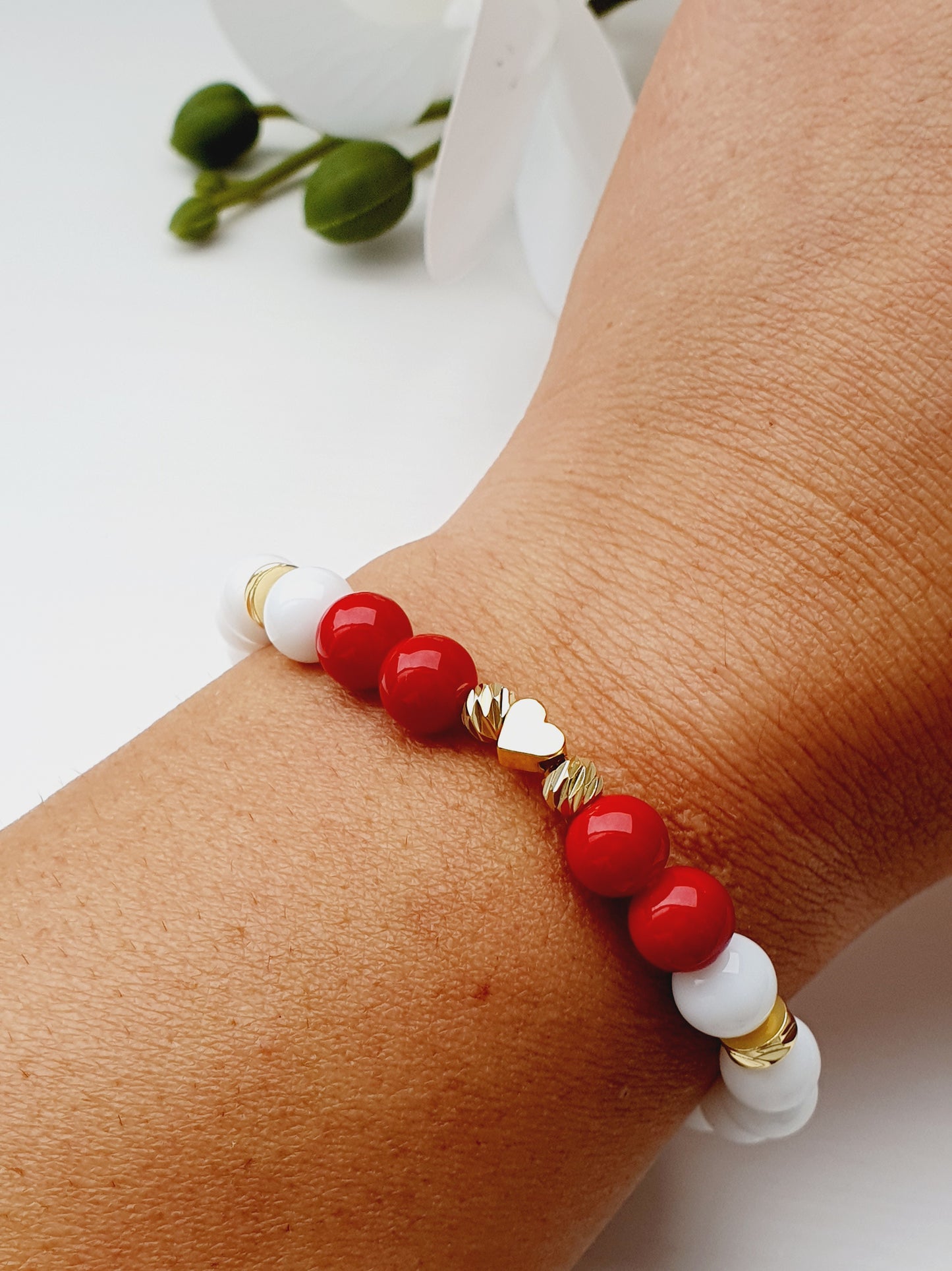 Onyx and Coral natural stone bracelet with heart gold plated 8mm bead
