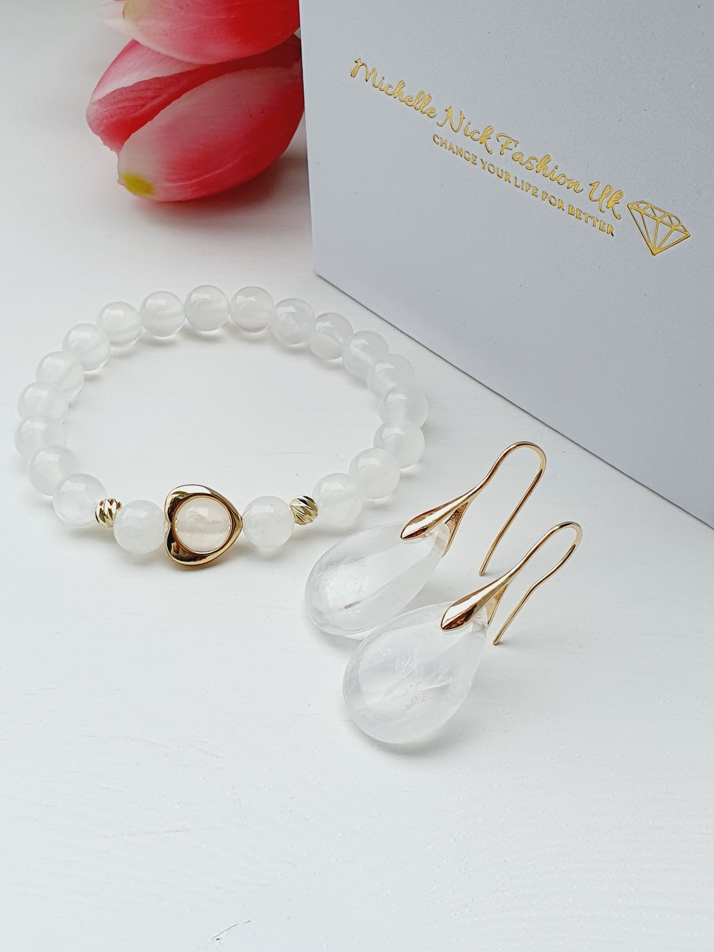Selenite natural stone jewellery set, bracelet and earrings, 8mm beaded, 18k gold plated, Handmade in Uk