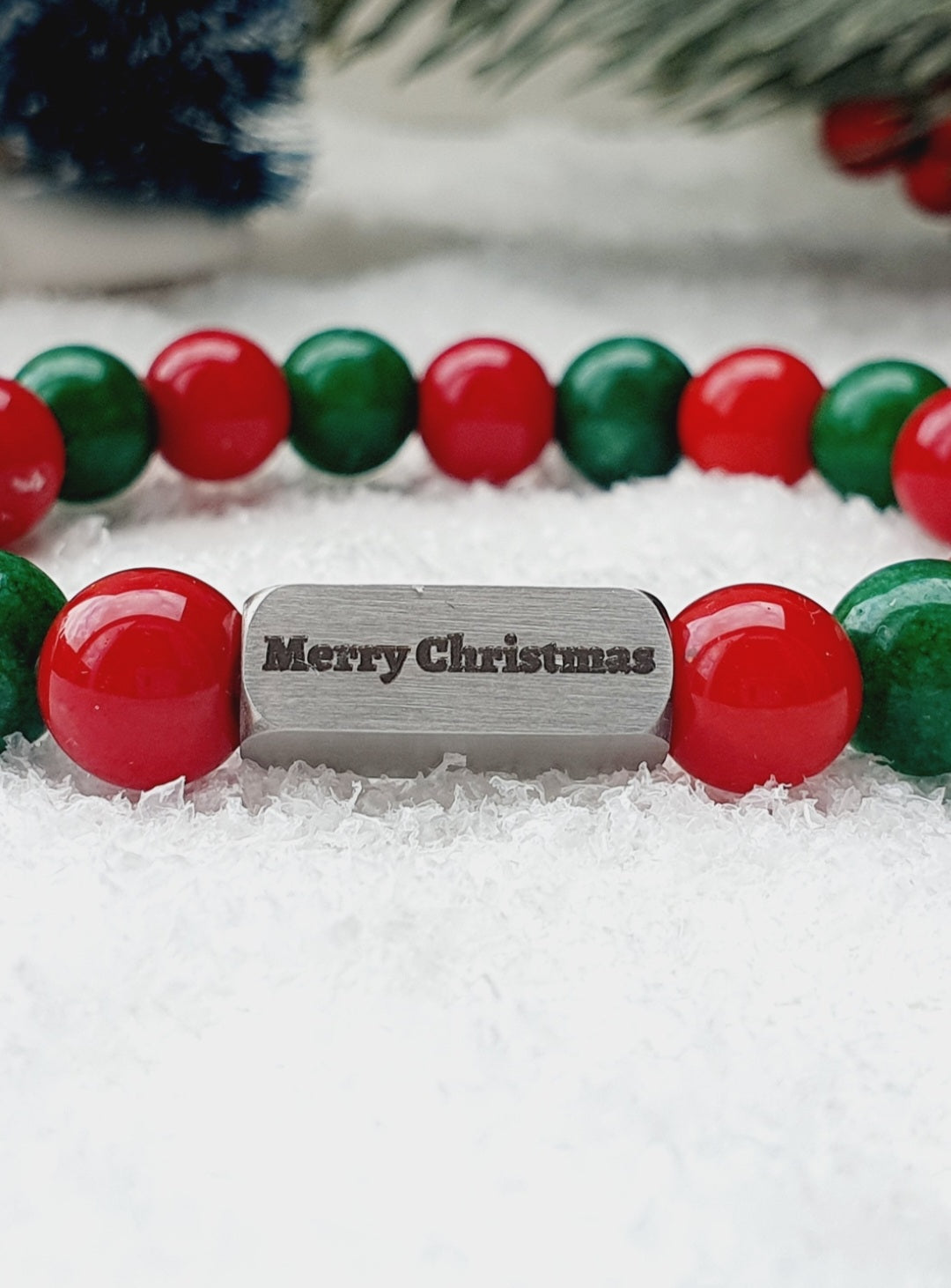 Christmas bracelet from Coral and Jade natural stone 8mm beaded, 304 stainless steel with sign Merry Christmas, gift box jewellery, UK