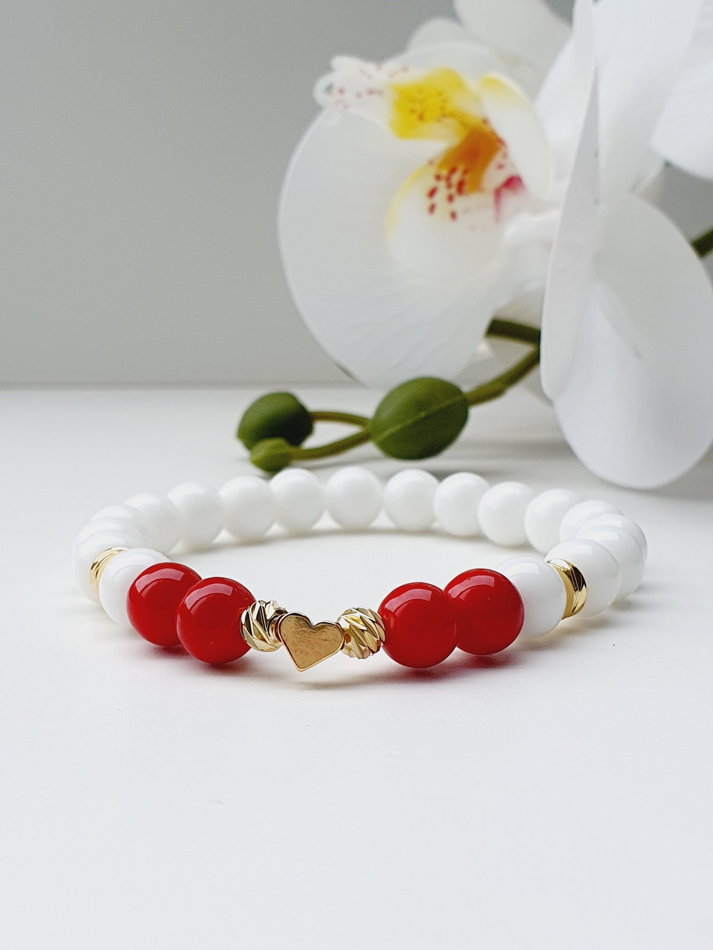 Onyx and Coral natural stone bracelet with heart gold plated 8mm bead