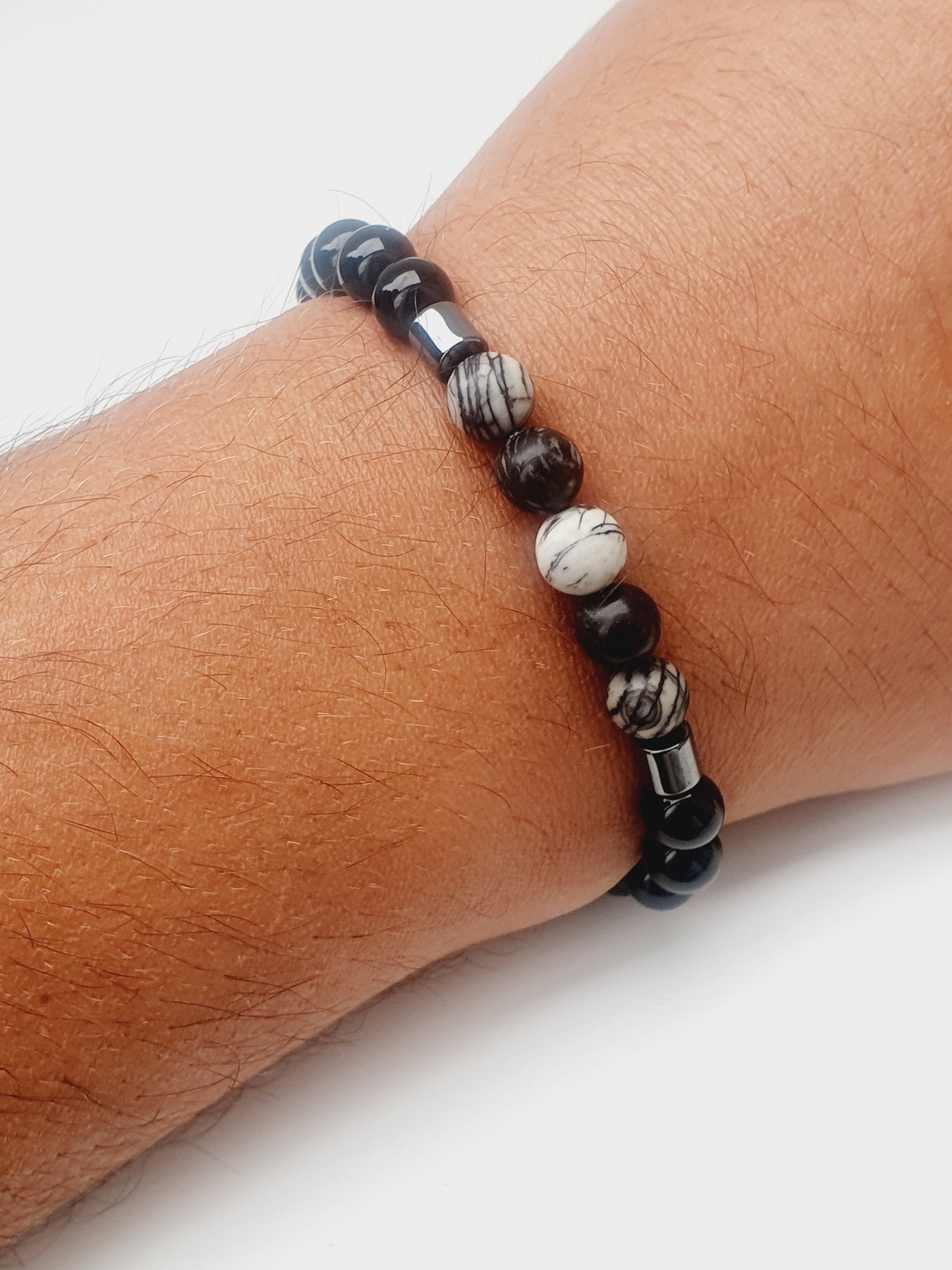 Handmade bracelet natural stone 8mm bead Obsidian, Spider jasper, Hematite