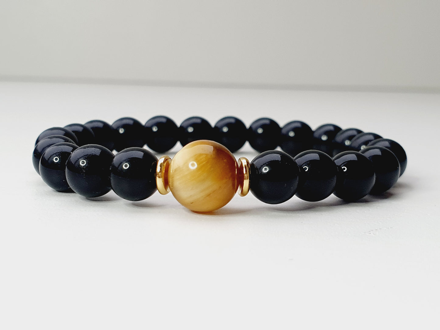 Black Onyx and Tiger eye bracelet from natural stone, gift box jewellery, gemstone, handmade in Uk