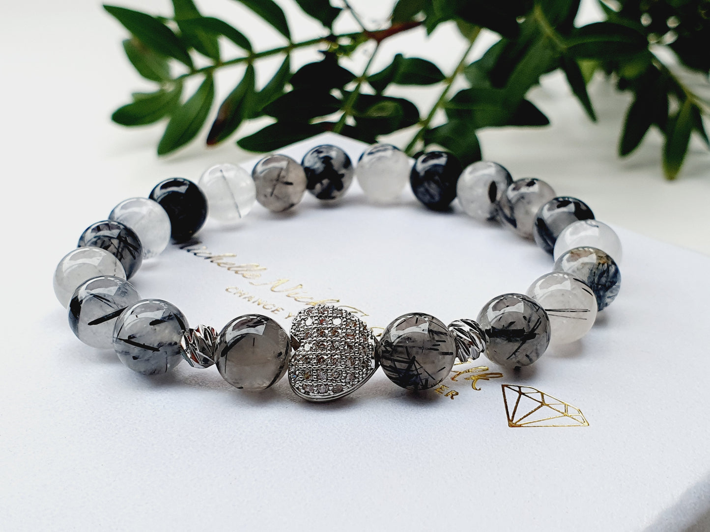 Tourmaline Quartz gemstone bracelet with silver plated zircon heart 8mm bead