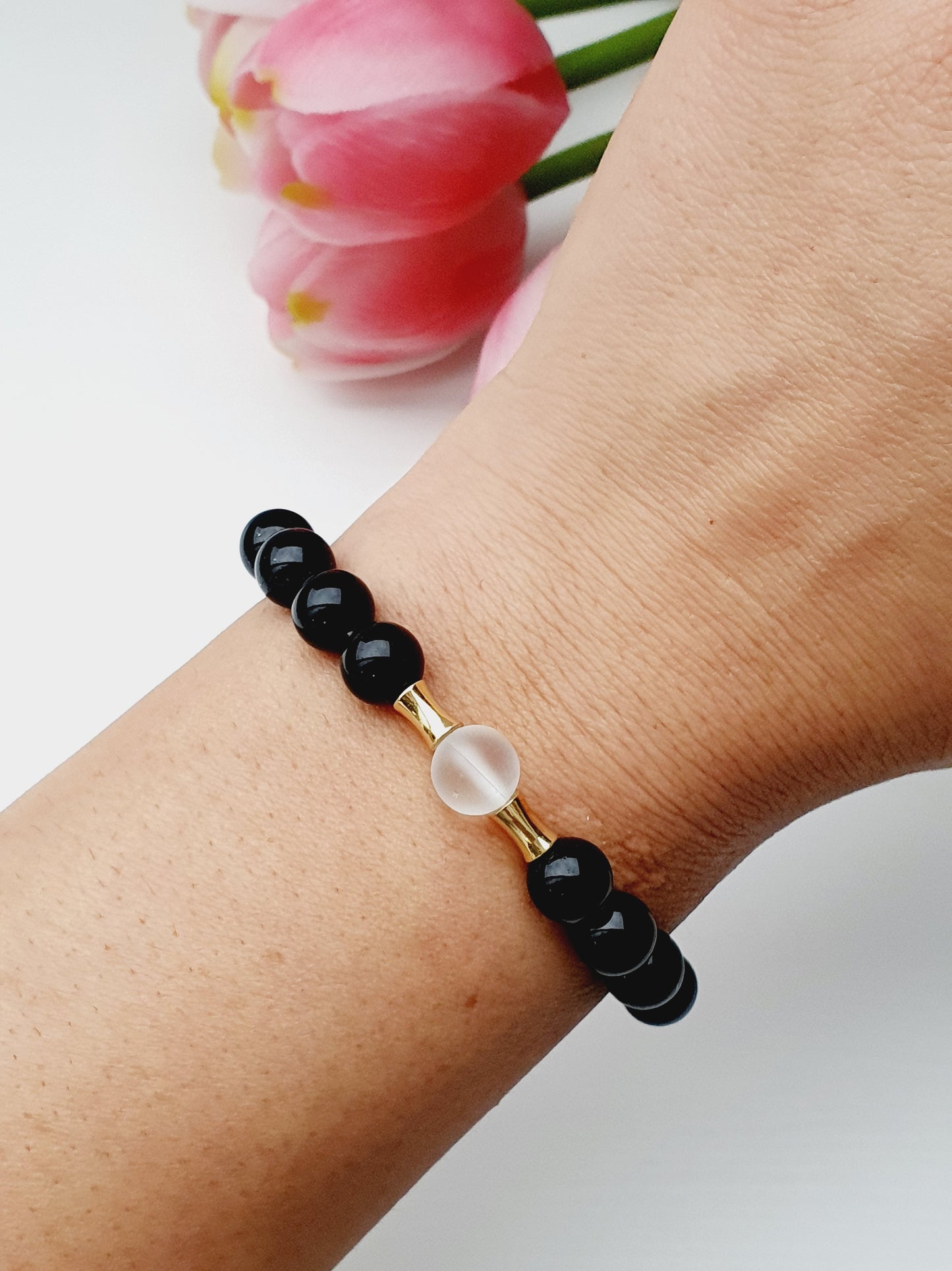 Moonstone and Black Onyx natural stone bracelet 8mm beaded with 18k gold plated spacers, gift box jewellery, UK