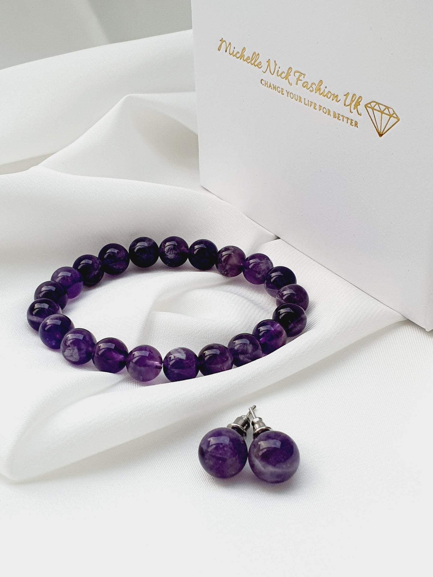 Amethyst natural stone jewellery set, bracelet earrings necklace with apple pendant, 8mm beaded, 925 silver
