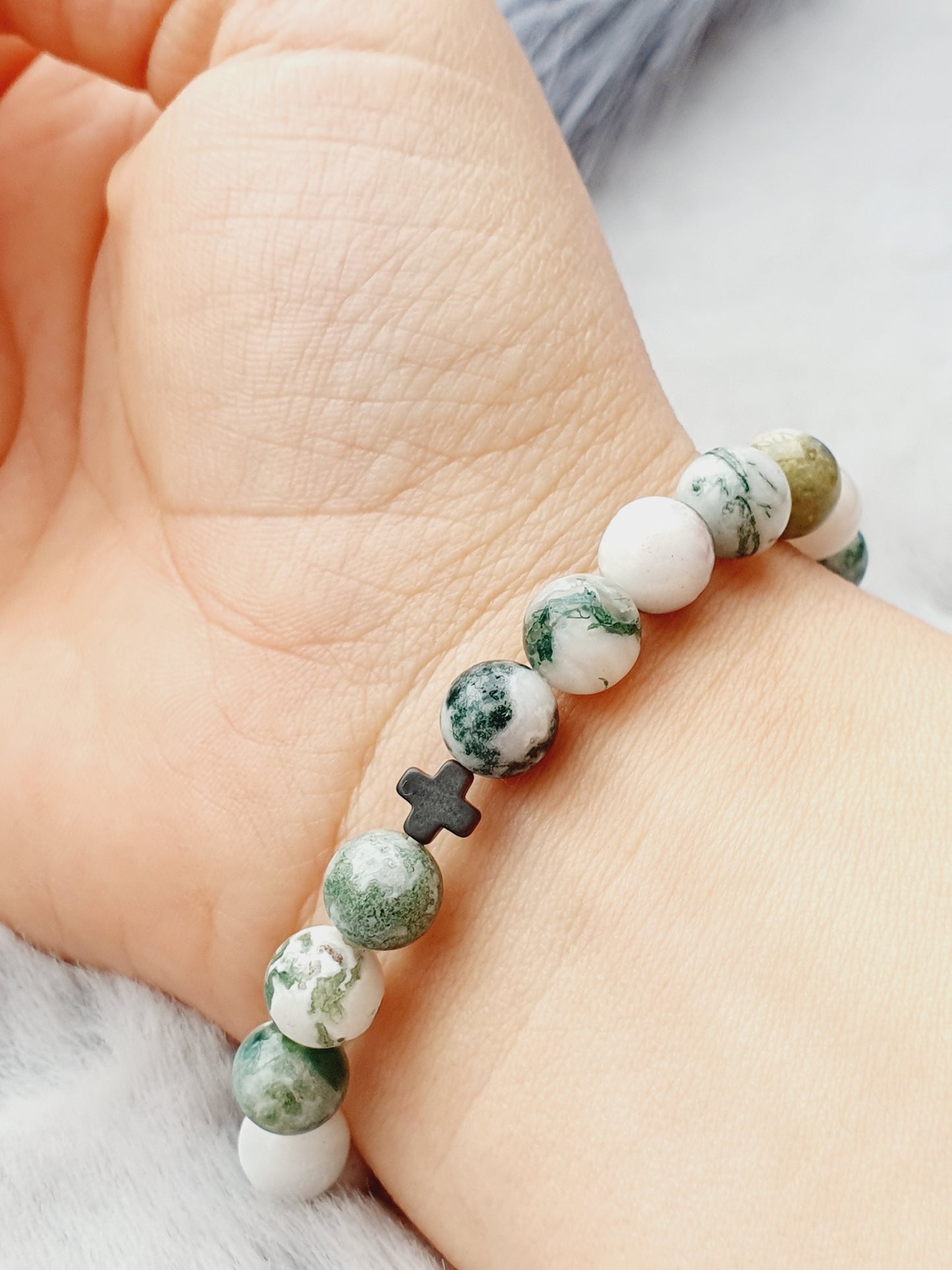 Moss agate and Hematite natural gemstone bracelet 8mm bead