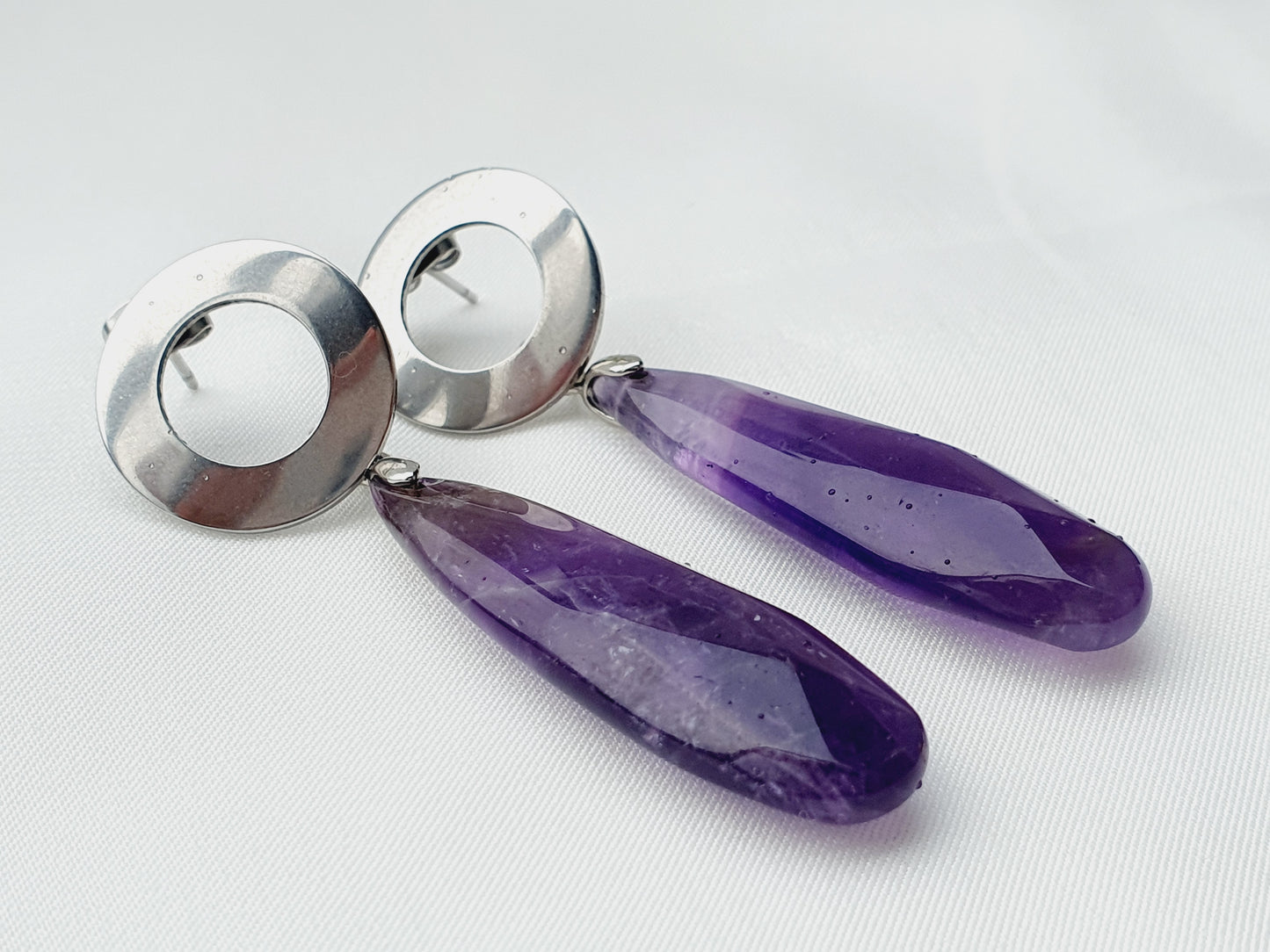 Amethyst natural stone jewellery set, bracelet and earrings, 8mm beaded, Silver plated, Handmade in Uk