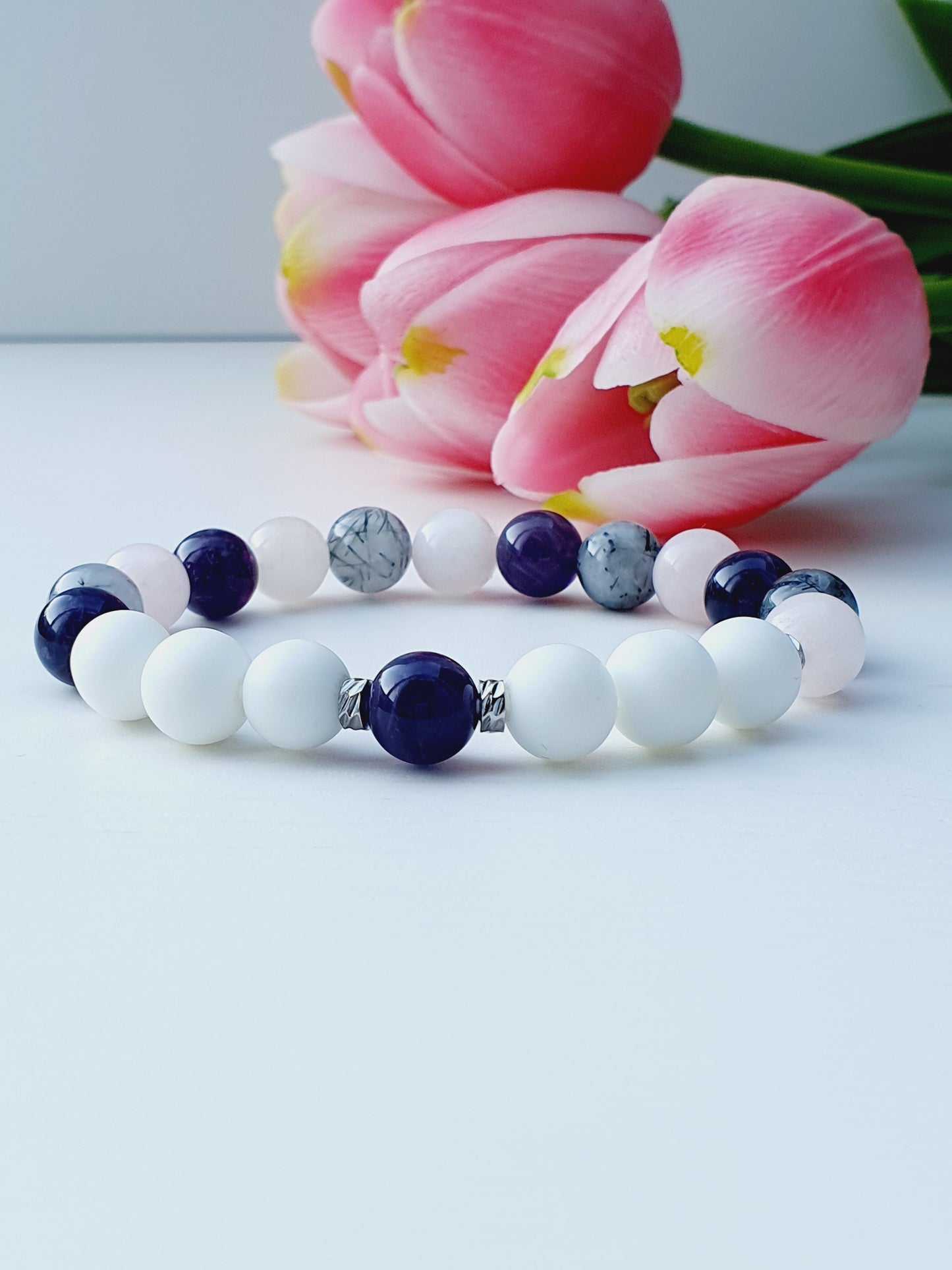 Bracelet from natural stone 8mm beaded Onyx matte, Amethyst, Rose Quartz, Tourmaline Quartz