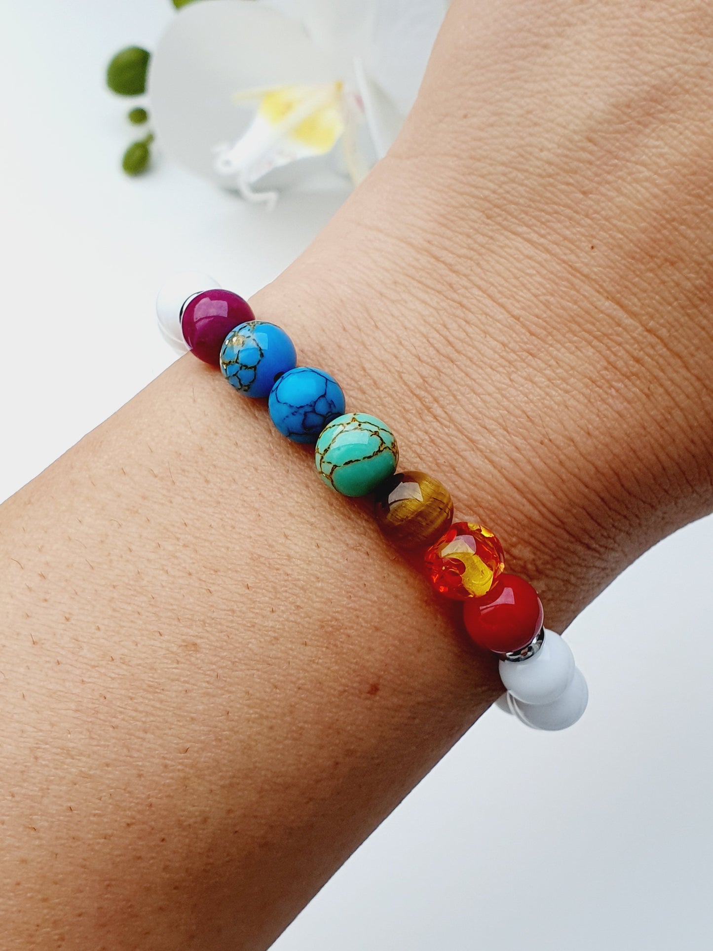 White Onyx 7 Chakra bracelet from natural stone 8mm beaded, gift box jewellery, gemstone, Uk