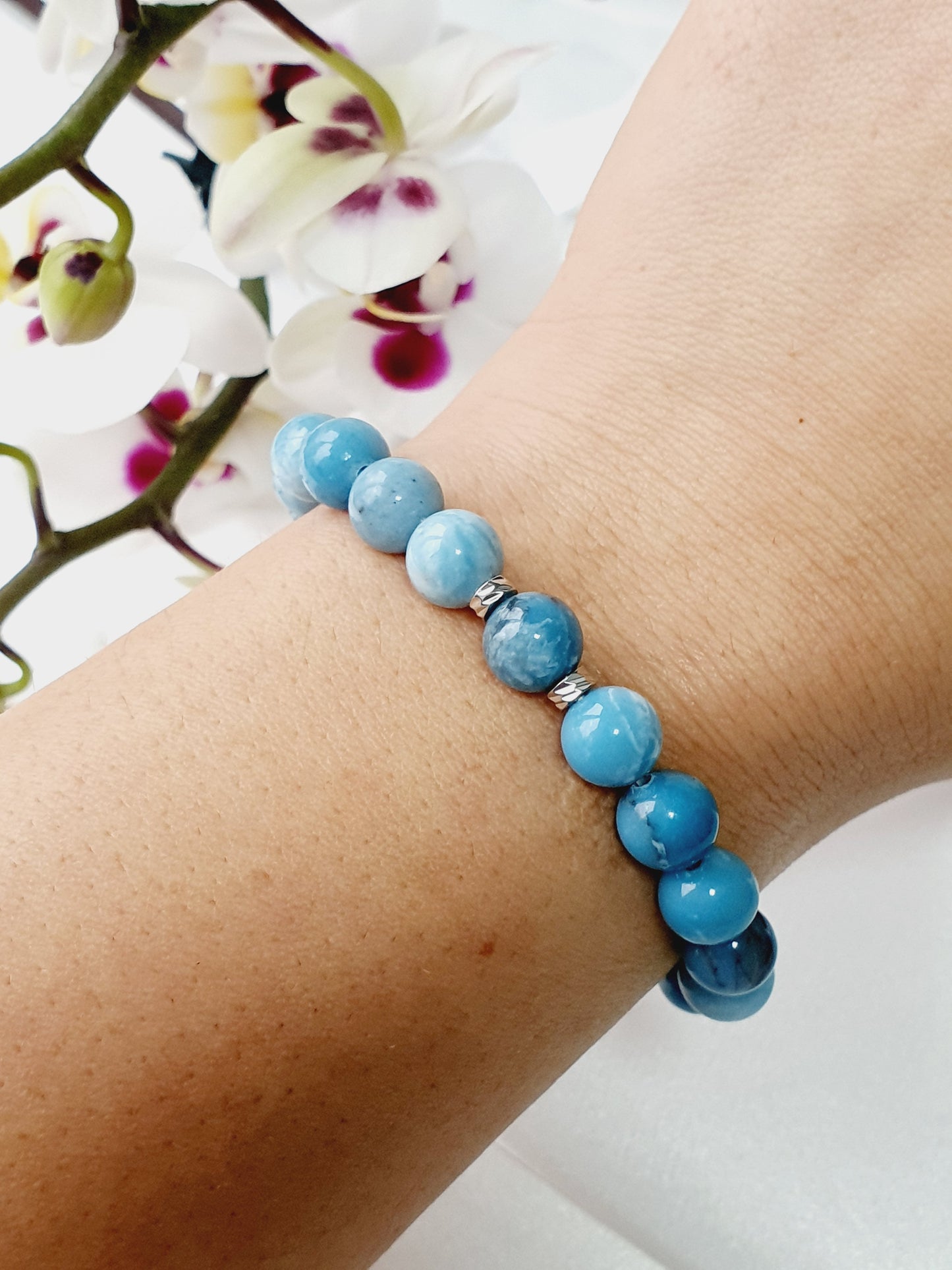 Larimar Bracelet Natural Stone 8mm Beaded, Gift Box Jewellery