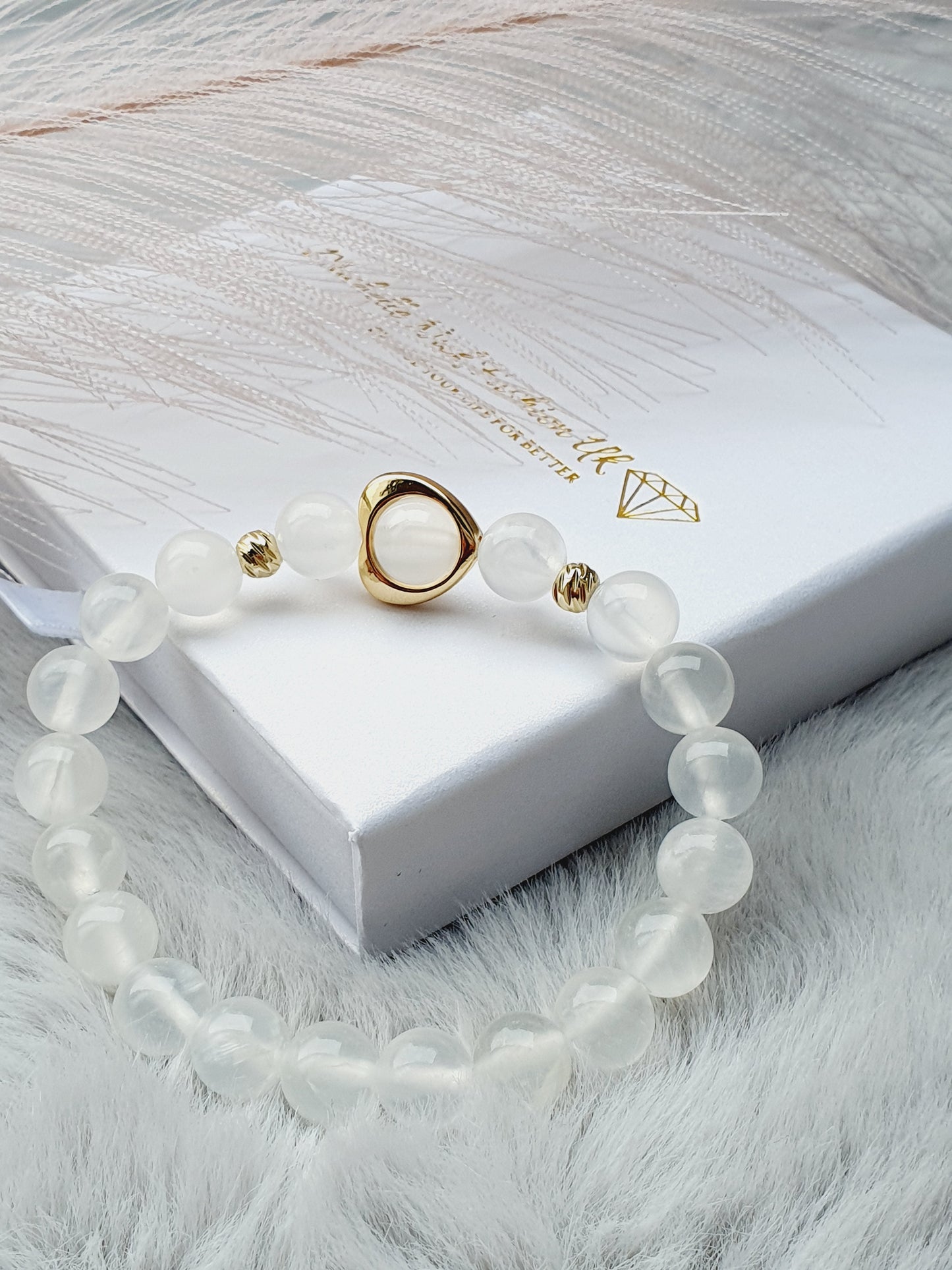 Selenite natural stone jewellery set, bracelet and earrings, 8mm beaded, 18k gold plated, Handmade in Uk