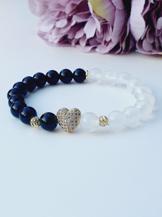 Selenite and Obsidian gemstone bracelet with gold plated zircon heart 8mm bead