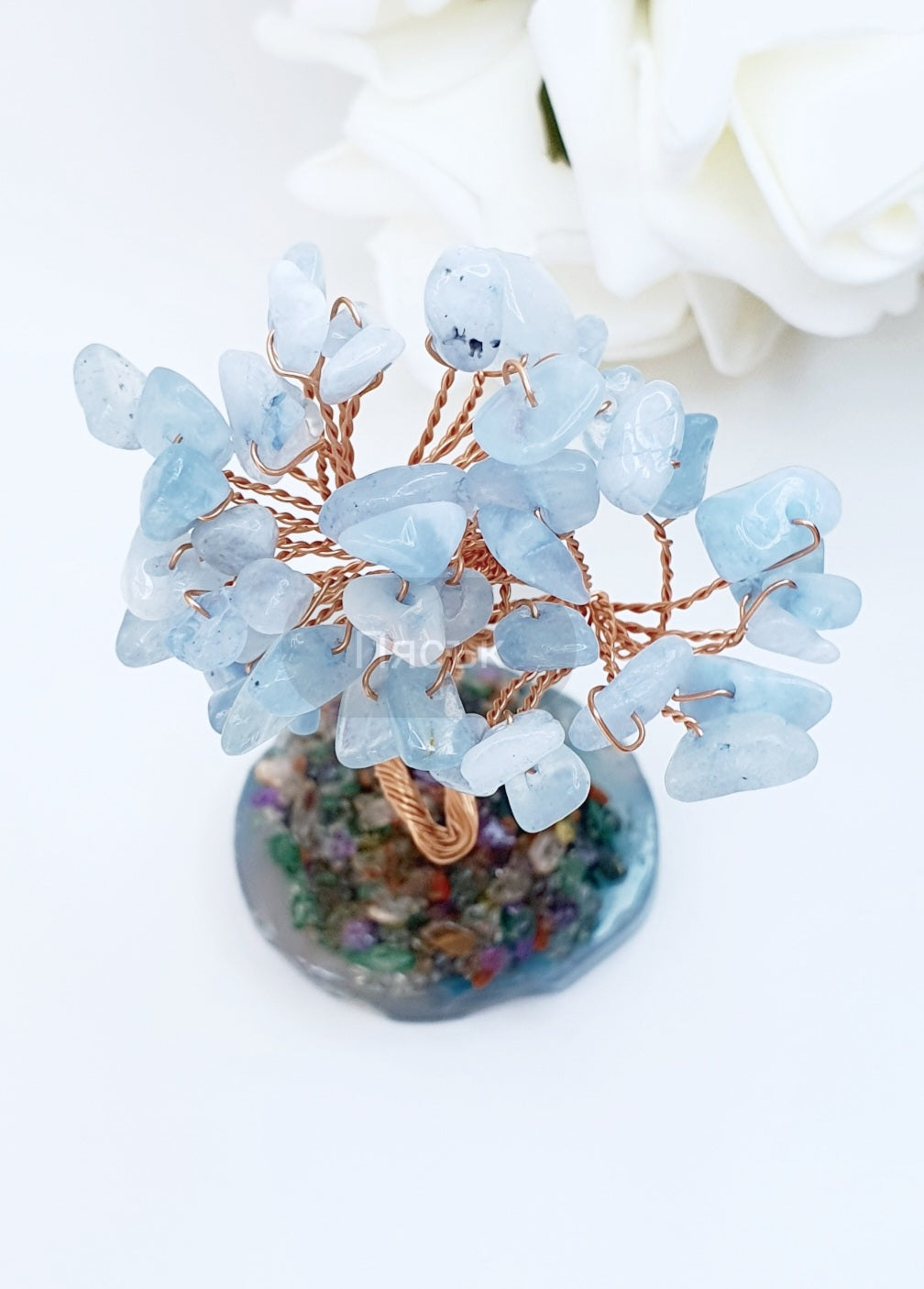 Tree of wisdom made from natural stone aquamarine