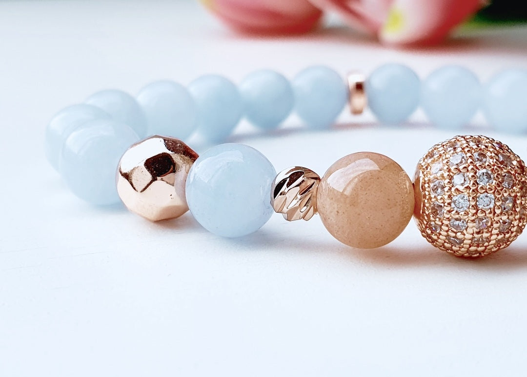Aquamarine and Sunstone natural stone bracelet 8mm beaded, rose gold spacer, gift box jewellery