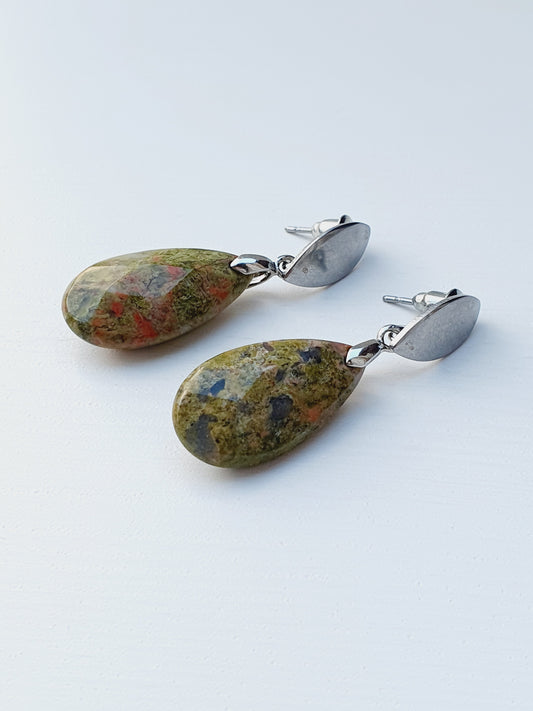 Earrings From Natural Stone Unakite, Silver Plated, Gift Box Jewellery, Handmade in Uk